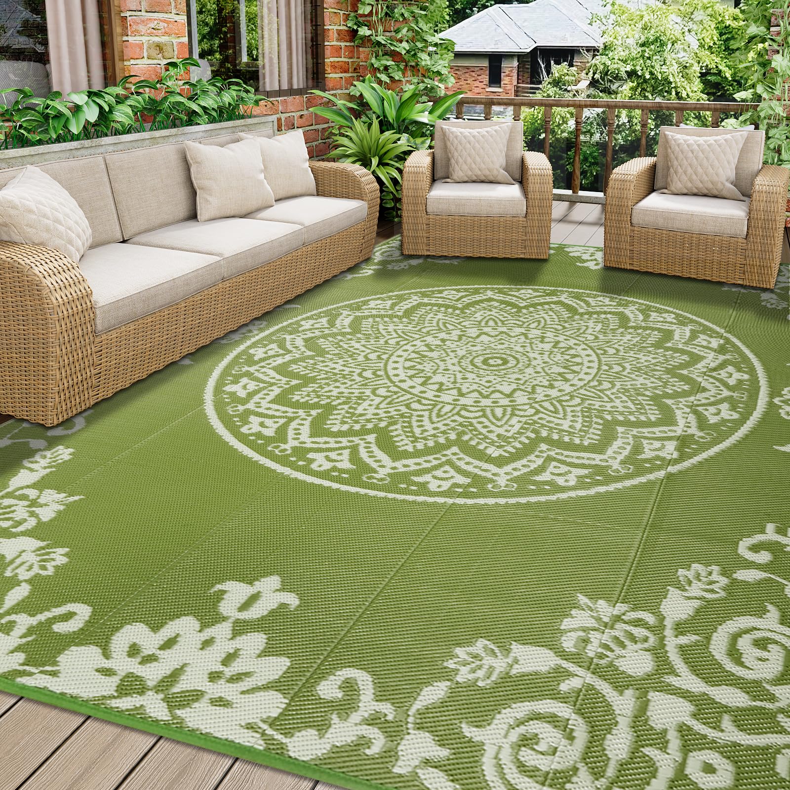 Homcomodar Tappeto per esterni, resistente alle intemperie, 180 x 270 cm, lavabile, in plastica, resistente ai raggi UV, per giardino, patio, balcone, terrazza, barbecue, piscina, cortile (erba)