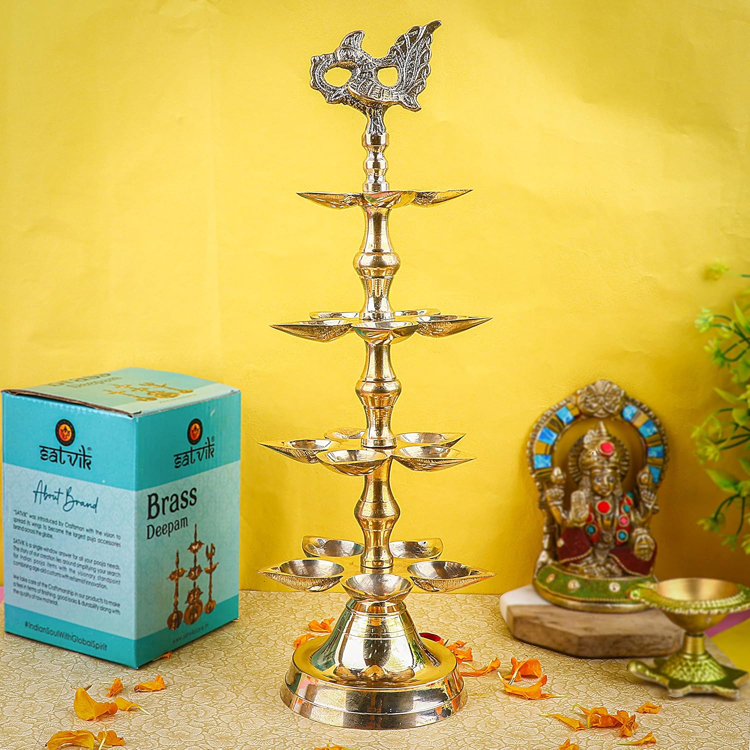 SATVIK 1 Pc Brass Panchmukhi Peacock Kerala Samai Puja Diya Kutthu Vilakku Oil Lamp Pooja 4 Step Diya Engraved Design Deepak Indian Diwali Pooja Home Mandir Office Decor Housewarming Return Gift Items
