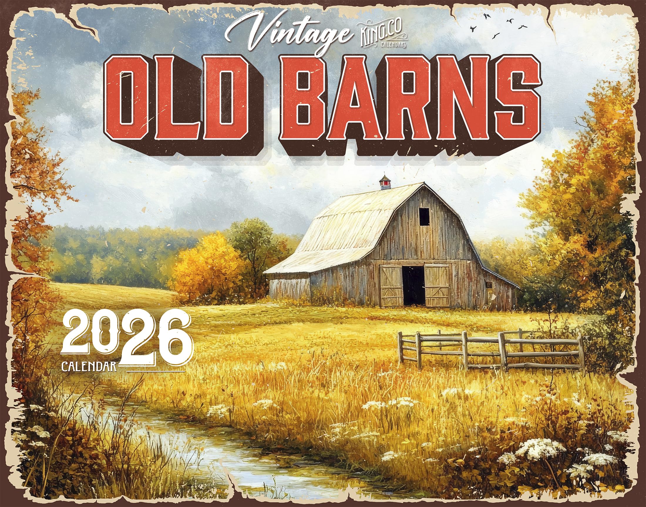 2026 Vintage Old Barns Wall Calendar 16-Month X-Large Size 14x22, Retro Barns Calendar by The KING Company-Monster Calendars