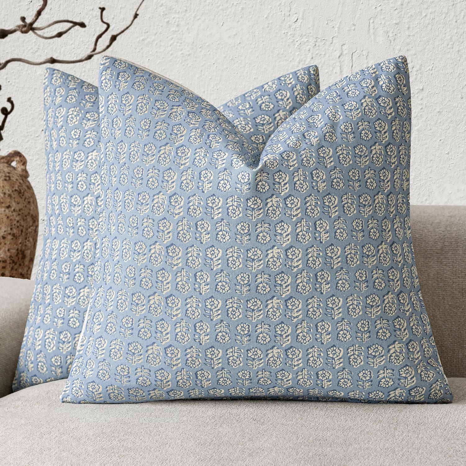 Foindtower Decorative Floral Print Throw Pillow Covers 20×20 Powder Blue