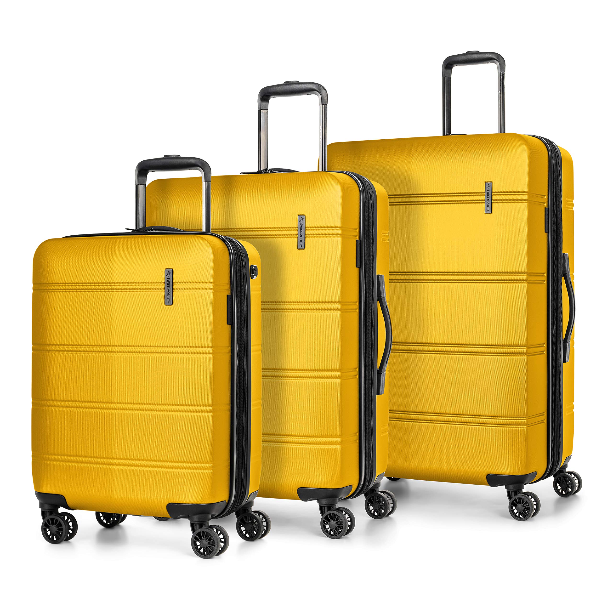 Swiss Mobility LAX Collection 3 Piece Hard Shell Luggage Set, Expandable Suitcases with 360-Degree Spinner Wheels, Retractable Handle, 20 Inch Carry On, 24 Inch Mid-size, 28 Inch Large Bags, Yellow