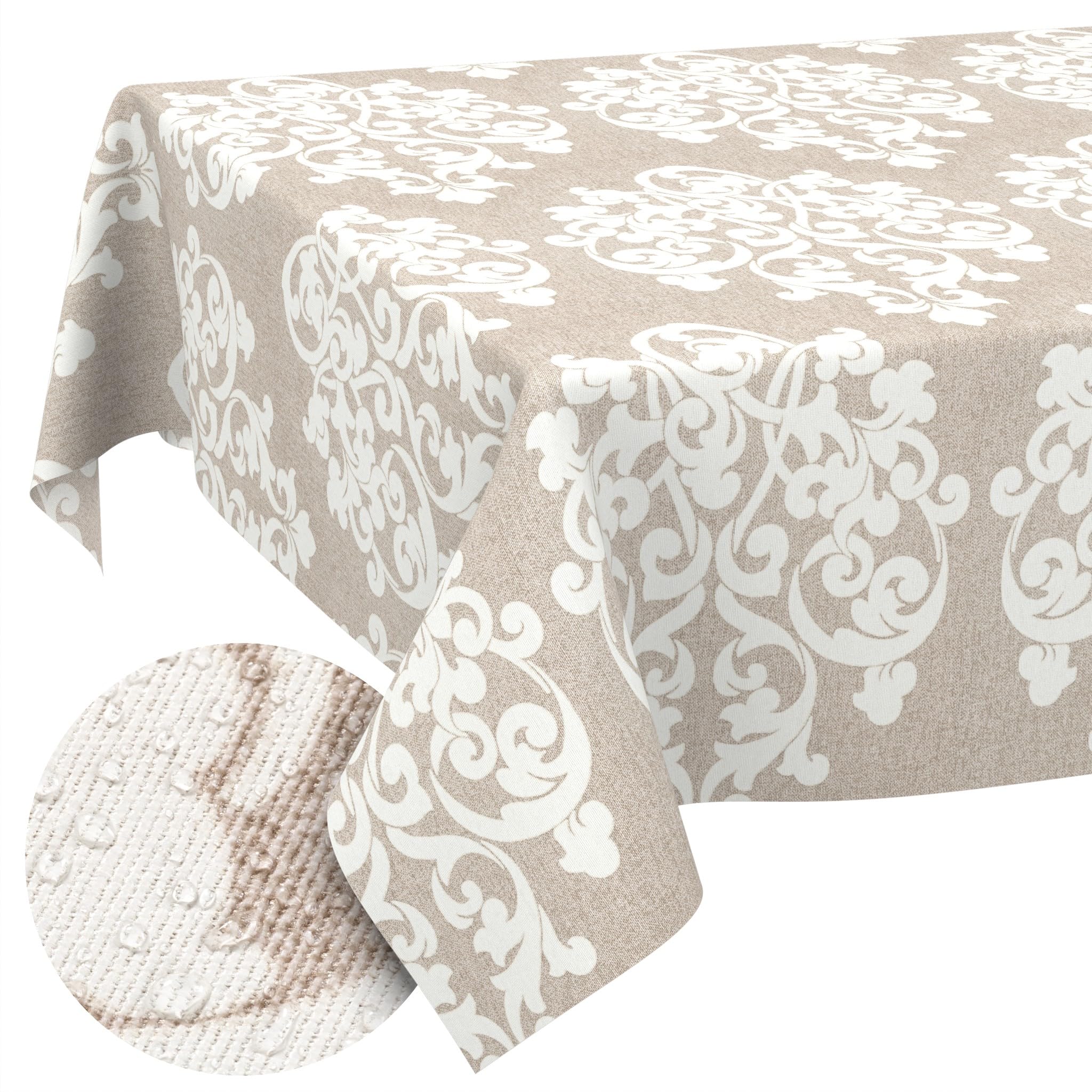 ANRO Washable Damask Rectangular Tablecloth 260 x 140 cm - Water-Repellent Indoor Outdoor Lotus Effect Cut Edge