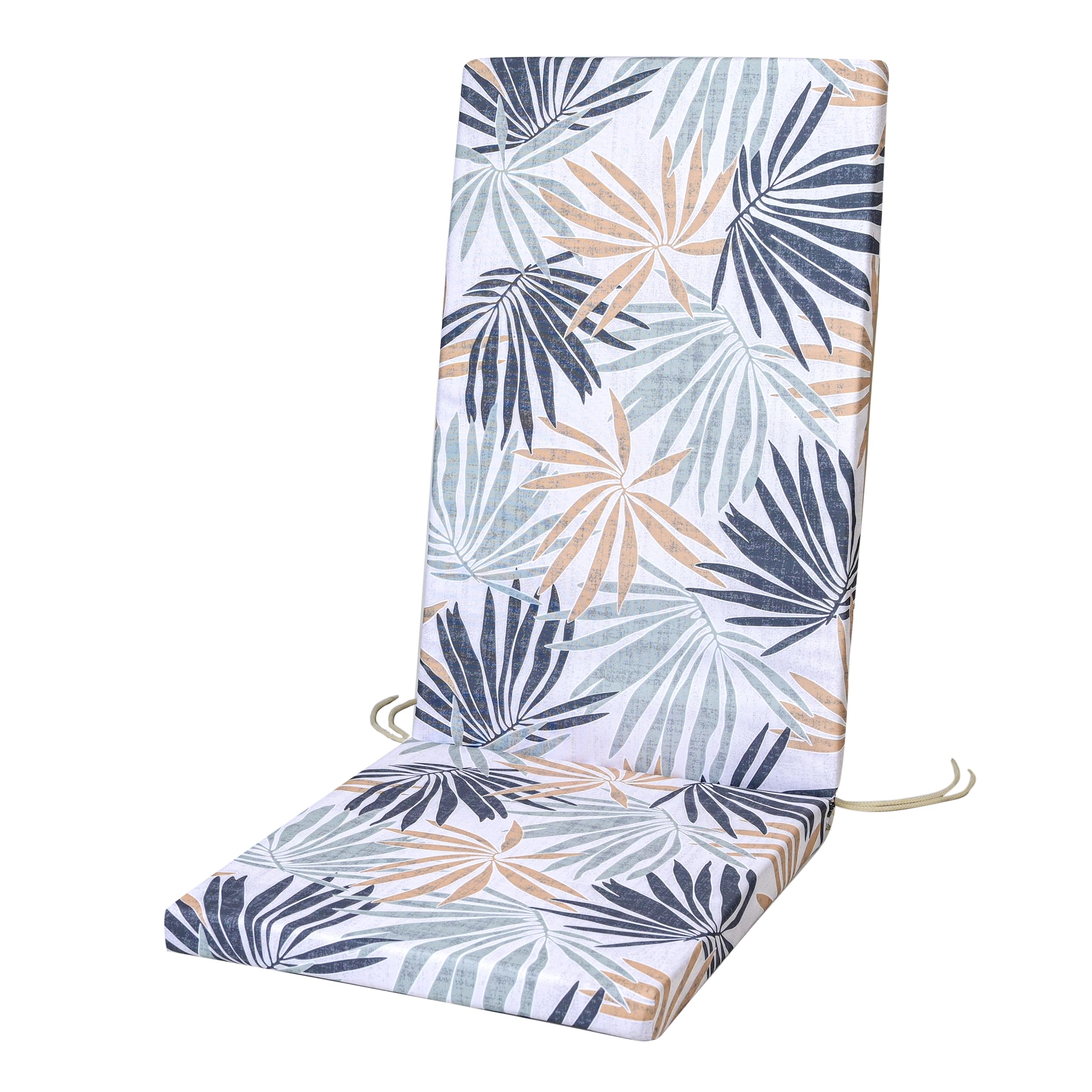 SOFTILLO Waterproof High Back Chair Cushion With Ties - 120x45x4cm - Indoors/Outdoors Patio Seat Pad Cushion For Garden Chairs, Loungers, Recliner, Relaxer - Water-Resistant Material - Fern Leaves