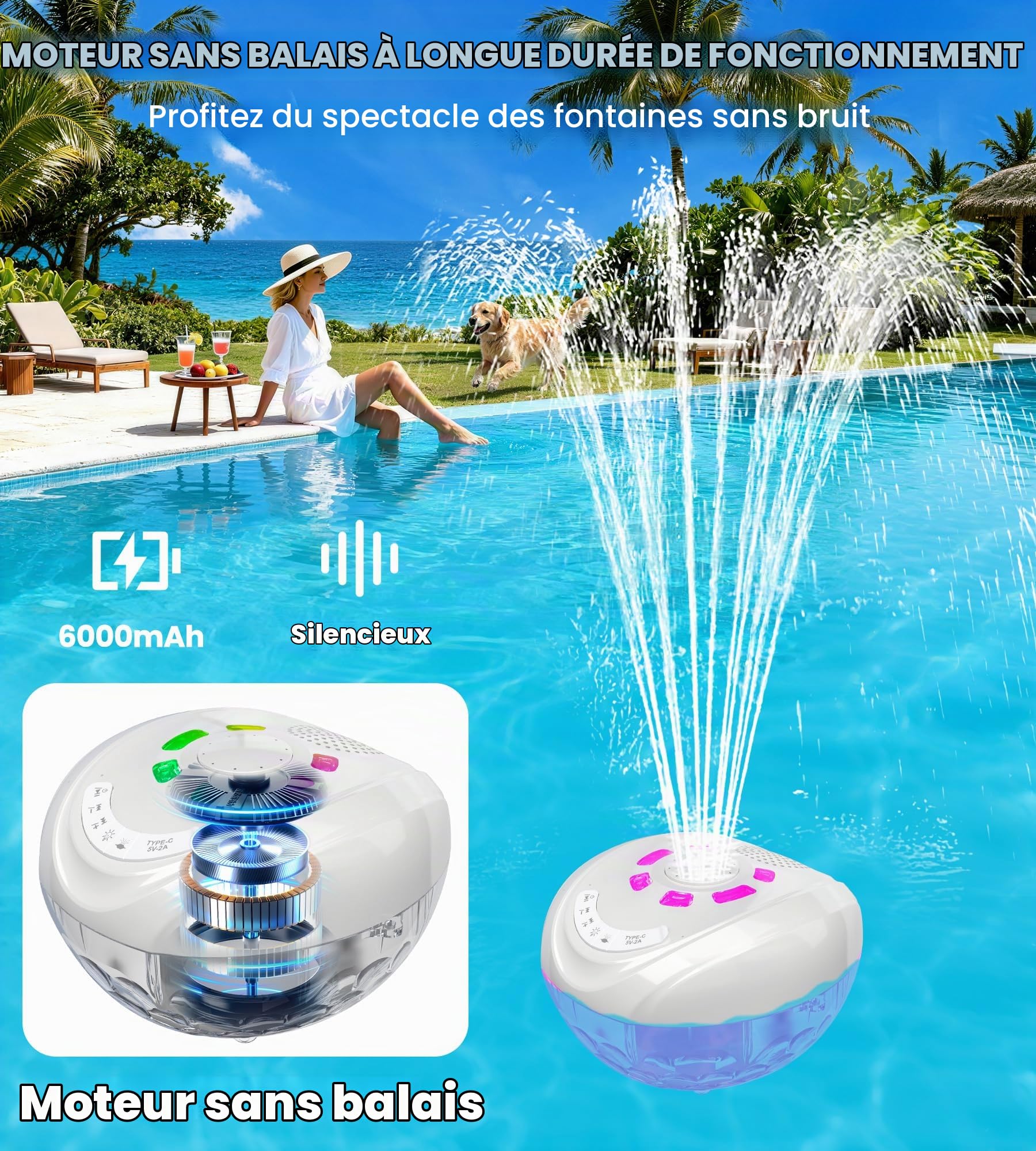 Luxfero 3 en 1 Enceinte Picsine avec Fontaine & Lumière,Enceinte Bluetooth Piscine Étanche IP68,Enceinte Flottante, Haut Parleur Bluetooth Puissant,Stéréo HD,BT5.4,24H Fontaine Piscine Rechargeable