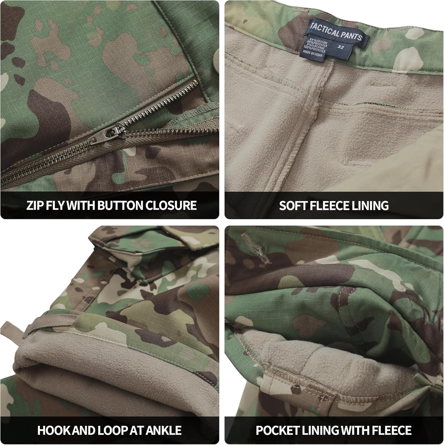 Men's Fleece Lined Cargo Pants Winter Camo Tactical Pants Waterproof Thermal Hiking Pants Insulated Work Pants No Belt - Image 3