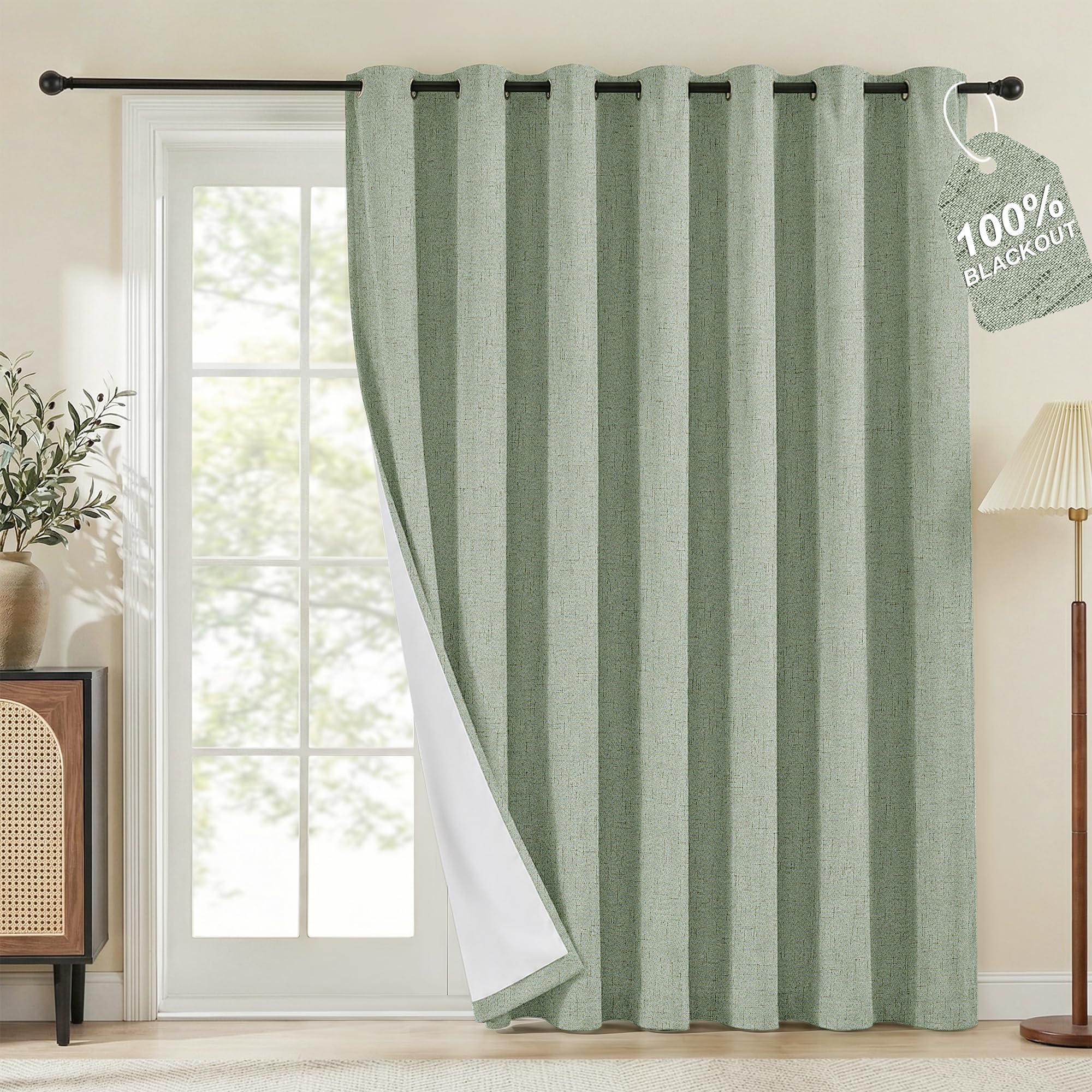 NICETOWN 100% Blackout Linen Sliding Door Curtains with White Liner Composite, Grommet Extra Wide Window Treatments Room Divider Drapes for Bedroom/Living Room, Sage Green, W100 x L84, 1 Panel