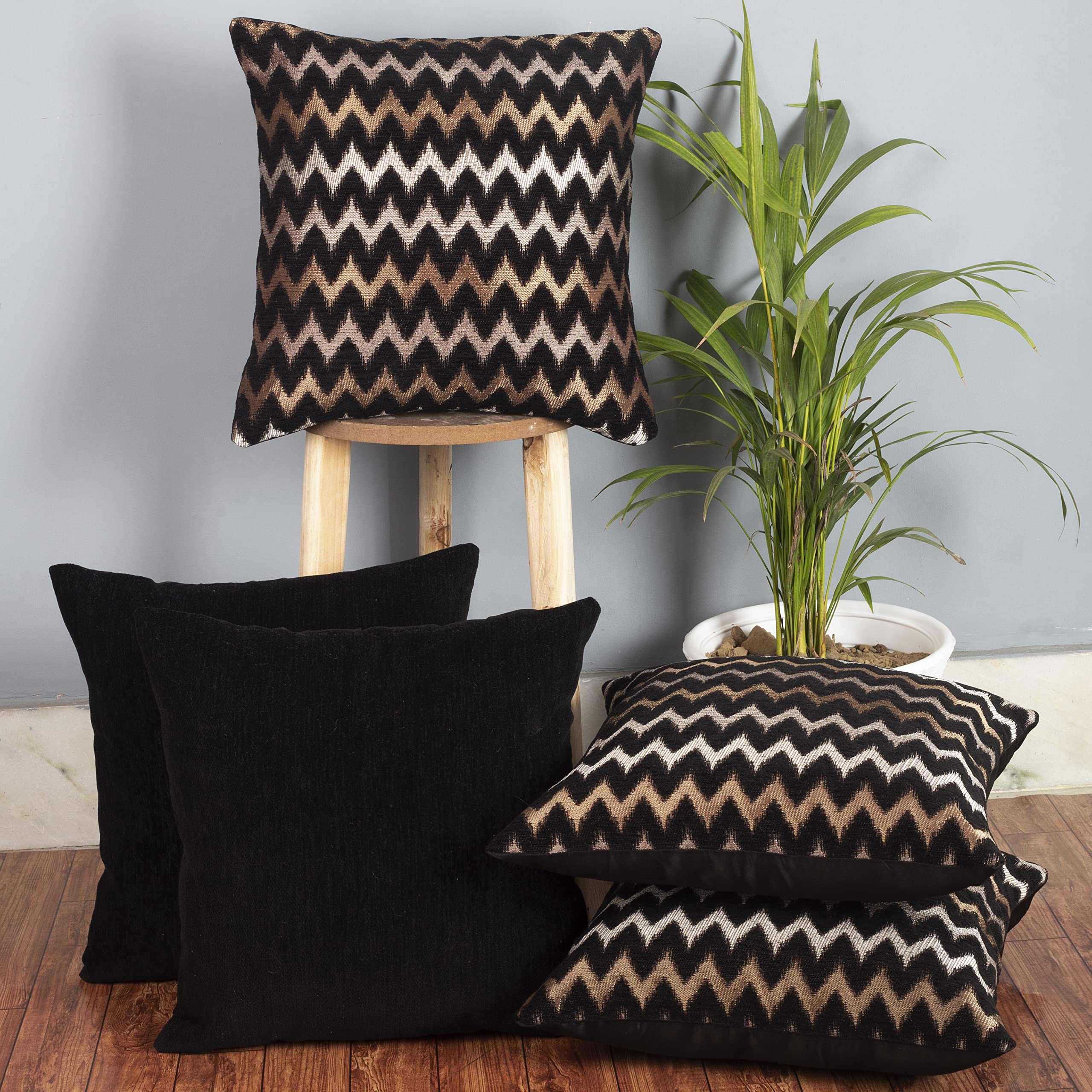 Cazimo Jacquard Soft Velvet Floral Cushion Covers | Hypo-Allergenic | Washable | Non-Fade Diwan Sofa Pillow Covers for Home Bed & Living Room (Size - 16 X16 Inches, Color - Black) - Set of 5 Pcs