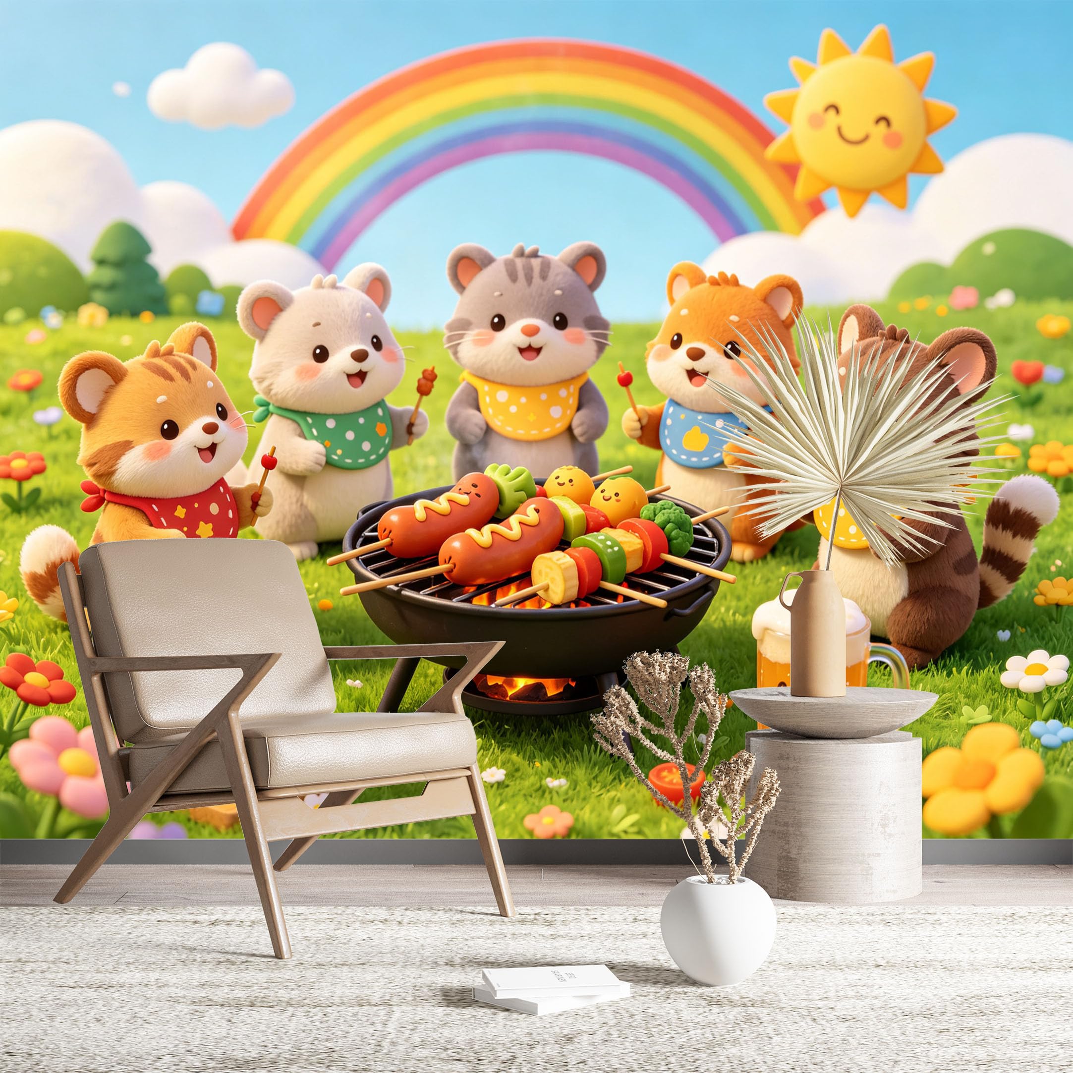 Custom Size Wall Murals Adorable Animals Having BBQ Party Wall Covering Fabric Self-Adhesive Wall Fabric (NO PVC) Removable Wallpaper for Kids Room Home Decor