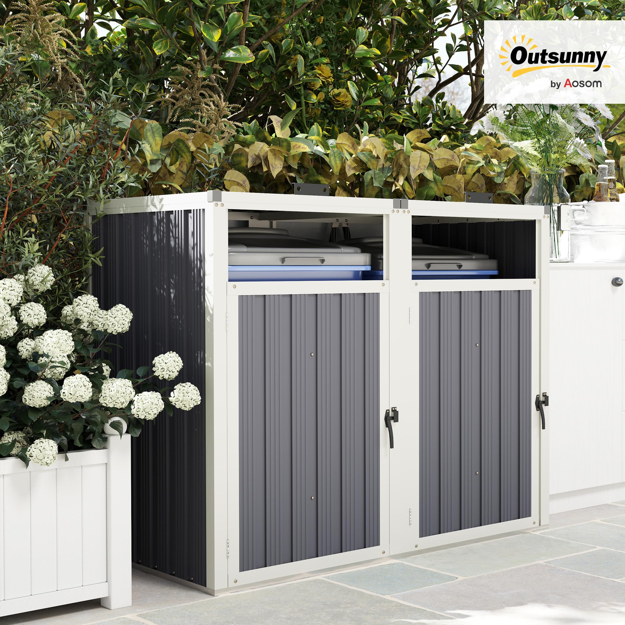 Outsunny Casetta per Spazzatura Esterna a 2 Sezioni in Acciaio Zincato con Coperchio Sollevabile a 180° Capanno da Giardino per Giardino e Patio 146x81x122 cm Grigio Scuro