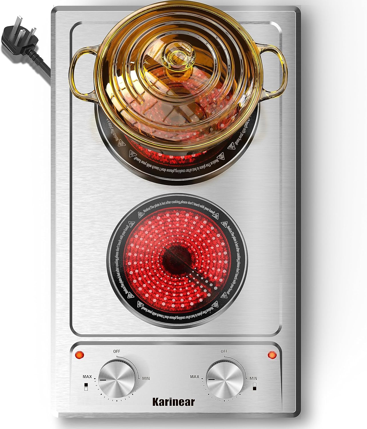Karinear Piano Cottura in Vetroceramica, Piastra Portatile 2 fuochi, 2600W Fornello Elettrica con spina, 220-240V, Piani Cottura con Manopola Karinear Piano Cottura in Vetroceramica, Piastra Portatile 2 fuochi, 2600W Fornello Elettrica con spina, 220-240V, Piani Cottura con Manopola