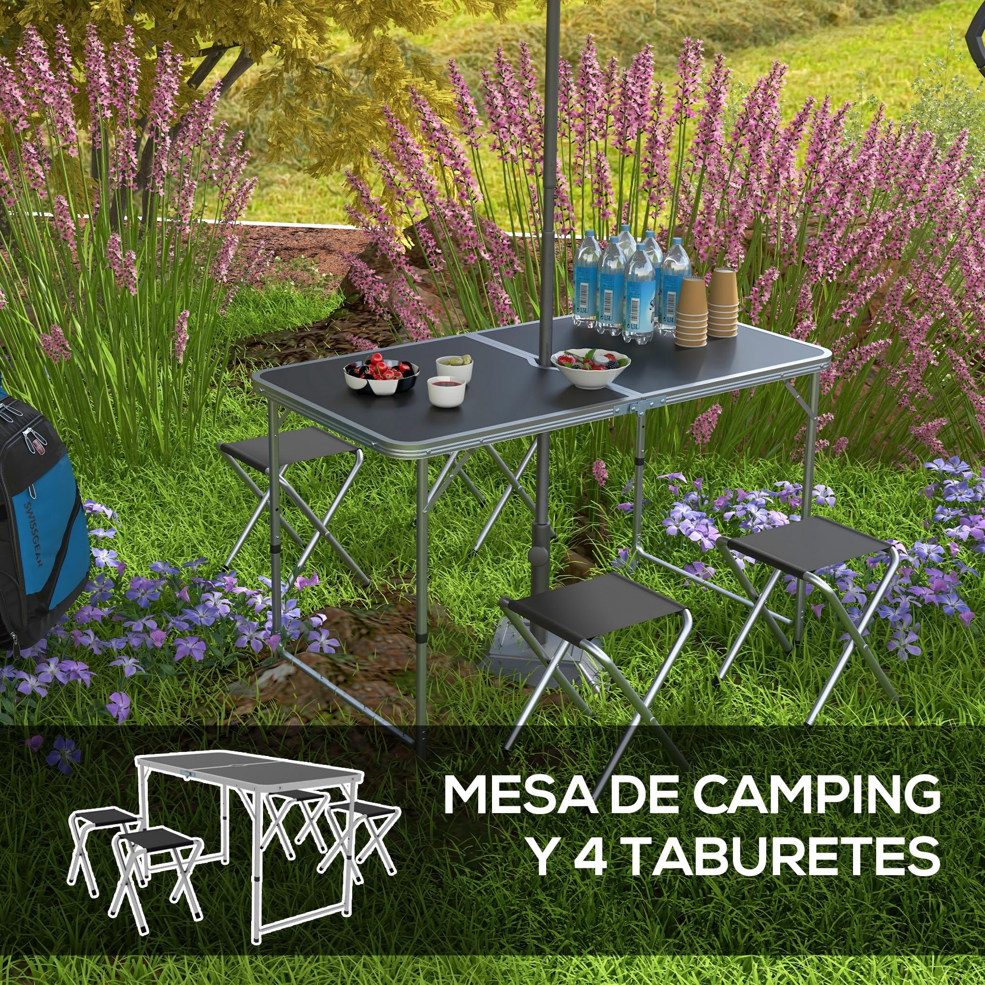 Outsunny Conjunto de Camping de 5 Piezas Mesa para Camping Plegable con Sillas Incluye 1 Mesa Ajuatsble en Altura con Encimera MDF Orificio para Sombrilla 120x60x55-70 cm y 4 Taburetes Plegables Negro