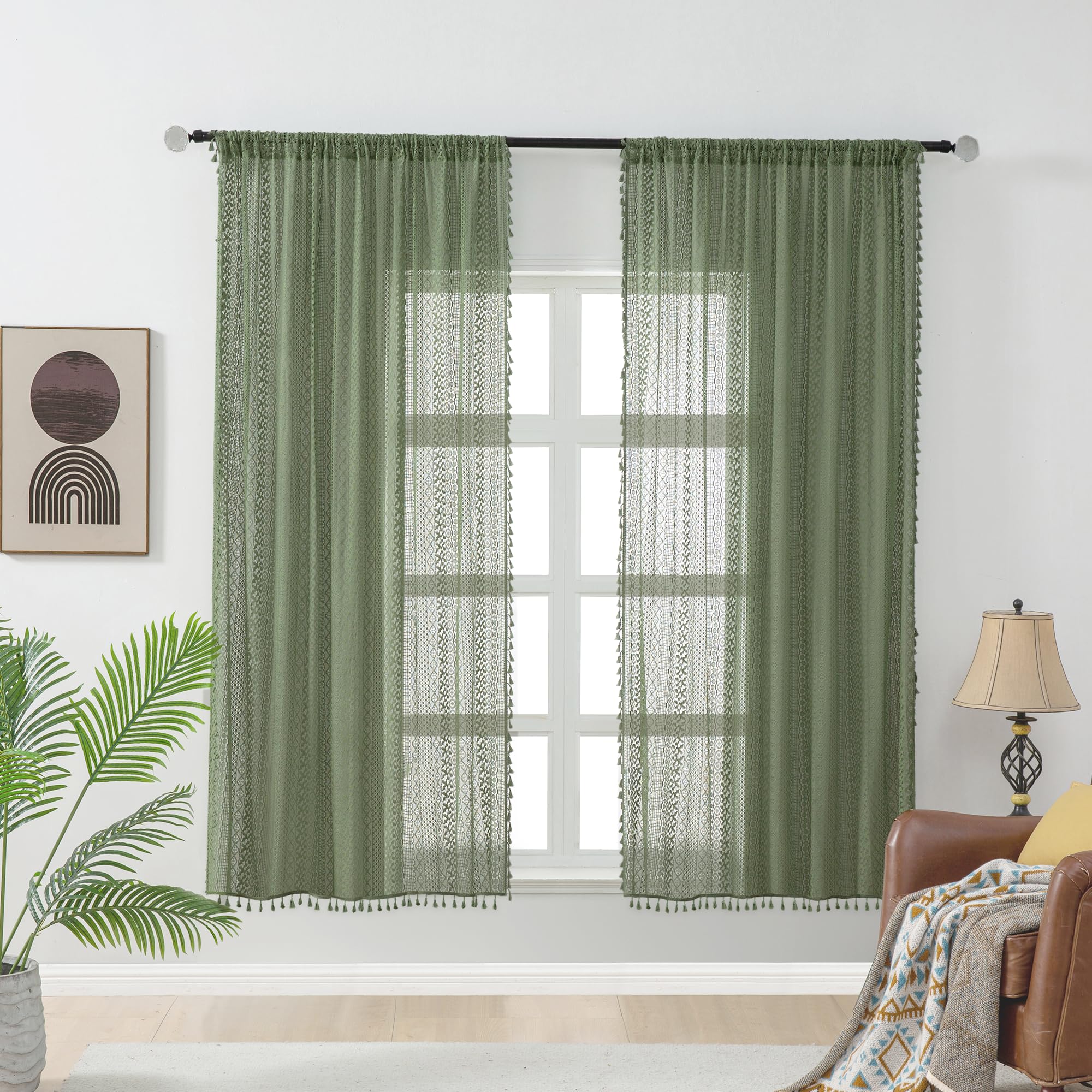 WAZZIO Rideaux Oliver Vert, 160 cm de long, Boho, dentelle translucide, ensemble de 2 panneaux, passe-tringle, filtration de lumière au crochet rétro pour salon, chambre à coucher, traitement de