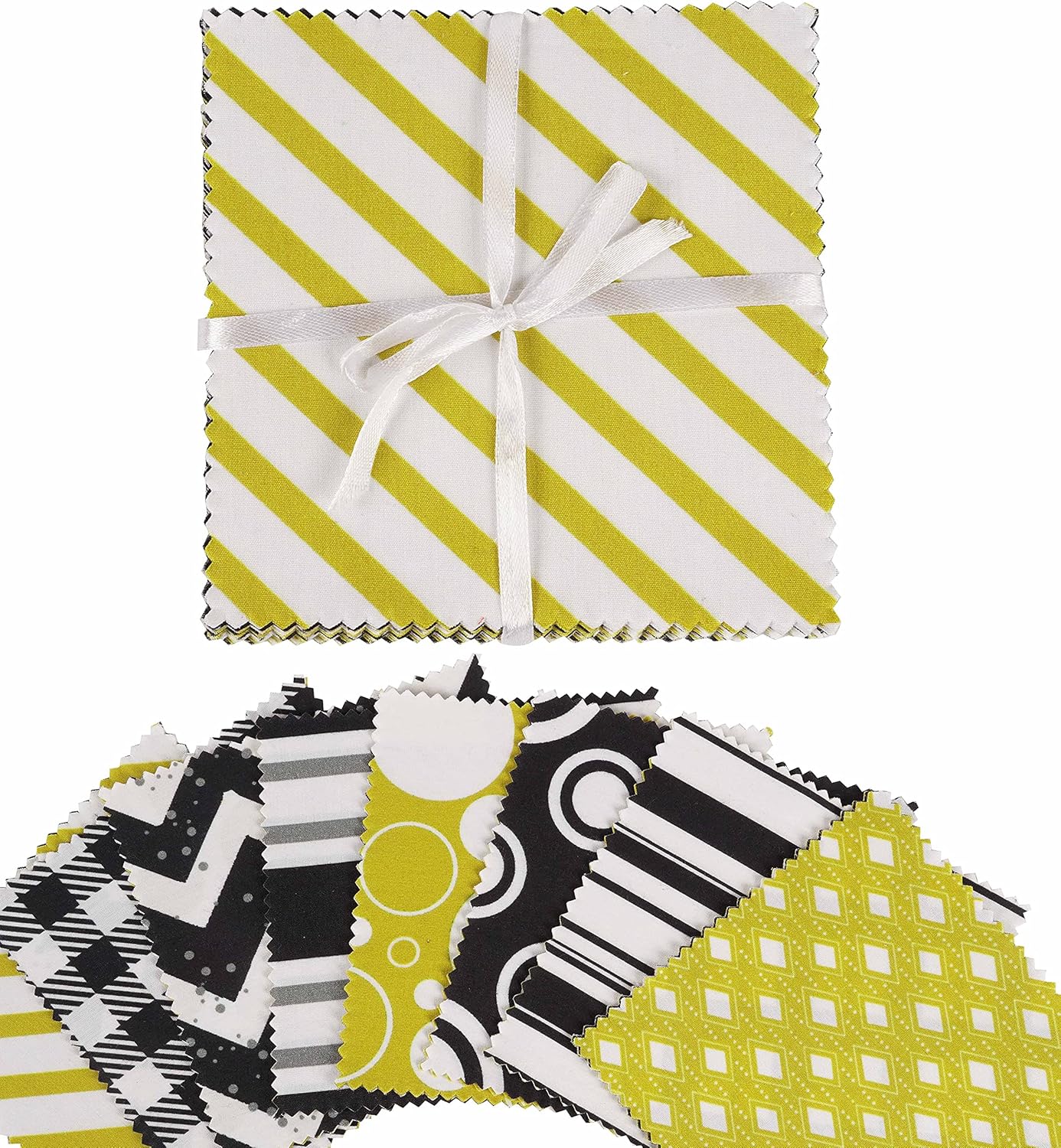Soimoi Precut 10-inch Stripes Prints Cotton Fabric Bundle Quilting Squares Charm Pack DIY Patchwork Sewing Craft- White