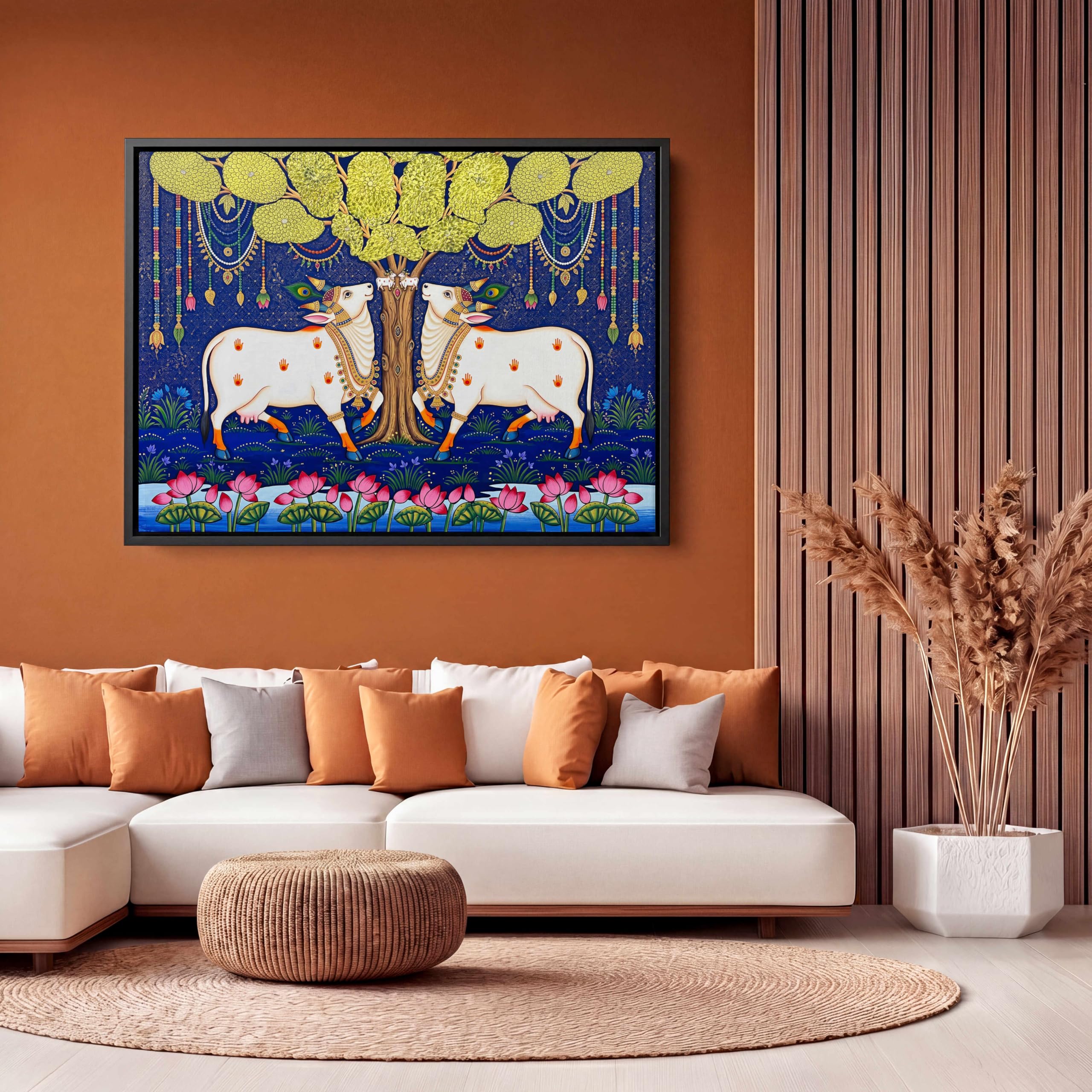 decormywall 7 Running Horses Vastu Canvas Wall Art Mountain Waterfall Landscape Painting for Home Office Living Room Decor (16x32 inch, Floating Frame, Gold)-image-7