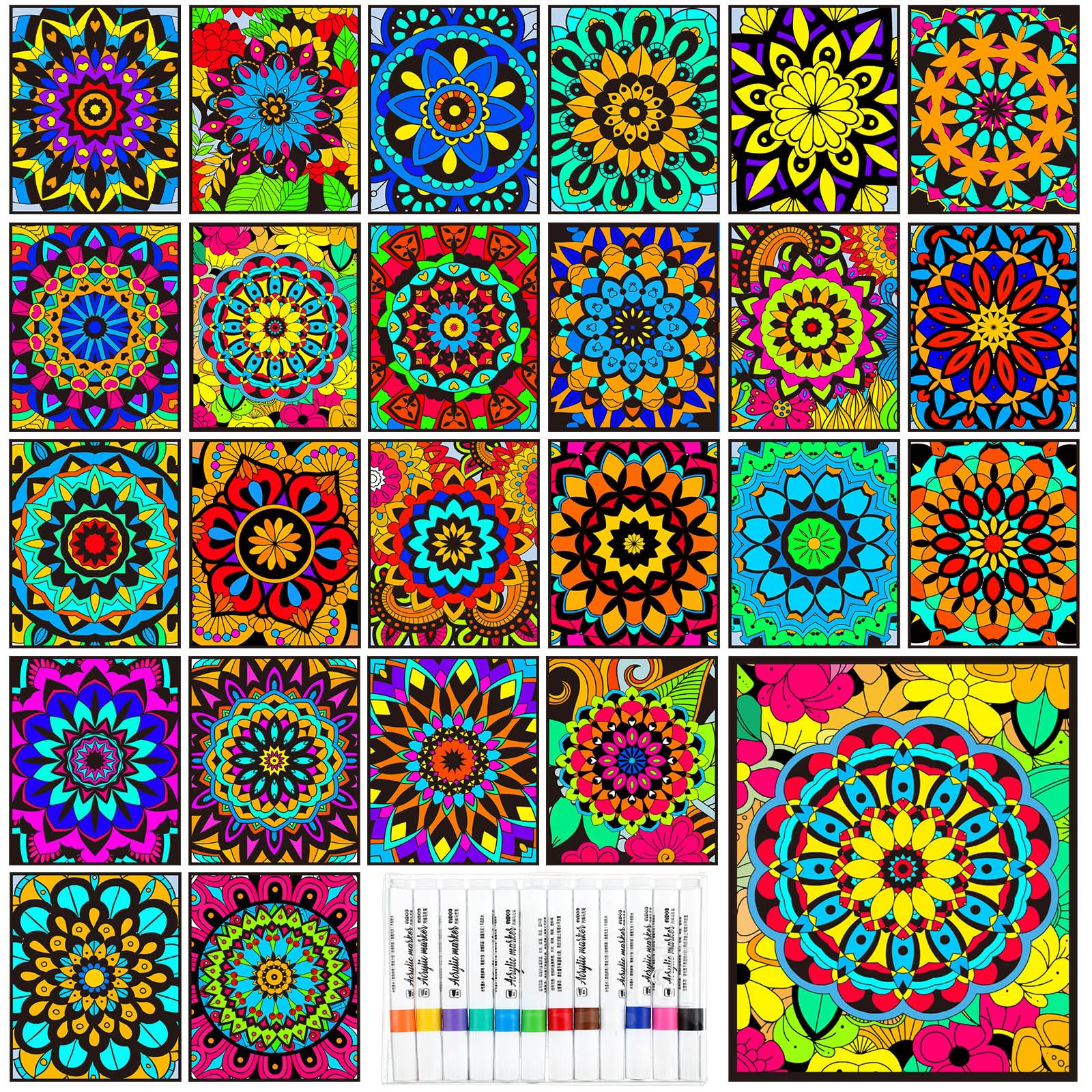 Zhanmai Pack of 48 Mandala Velvet Coloring Posters and Watercolor Pens Flower Fuzzy Velvet Coloring Posters for Adults Teenagers Large Poster for Classroom Festive Holiday Crafts Activity