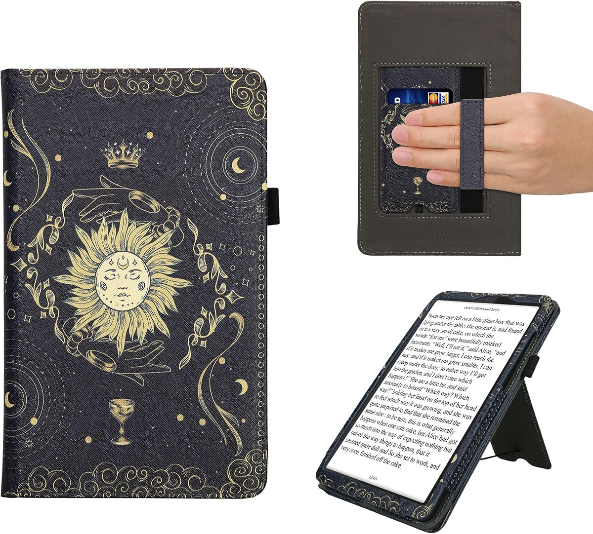 Case Compatible with Barnes & Noble Nook Reading Tablet 8.7 - Case PU Leather Cover with Magnet Closure, Stand, Strap, Card Slot - Tarot Card Dark Blue/Yellow/Black