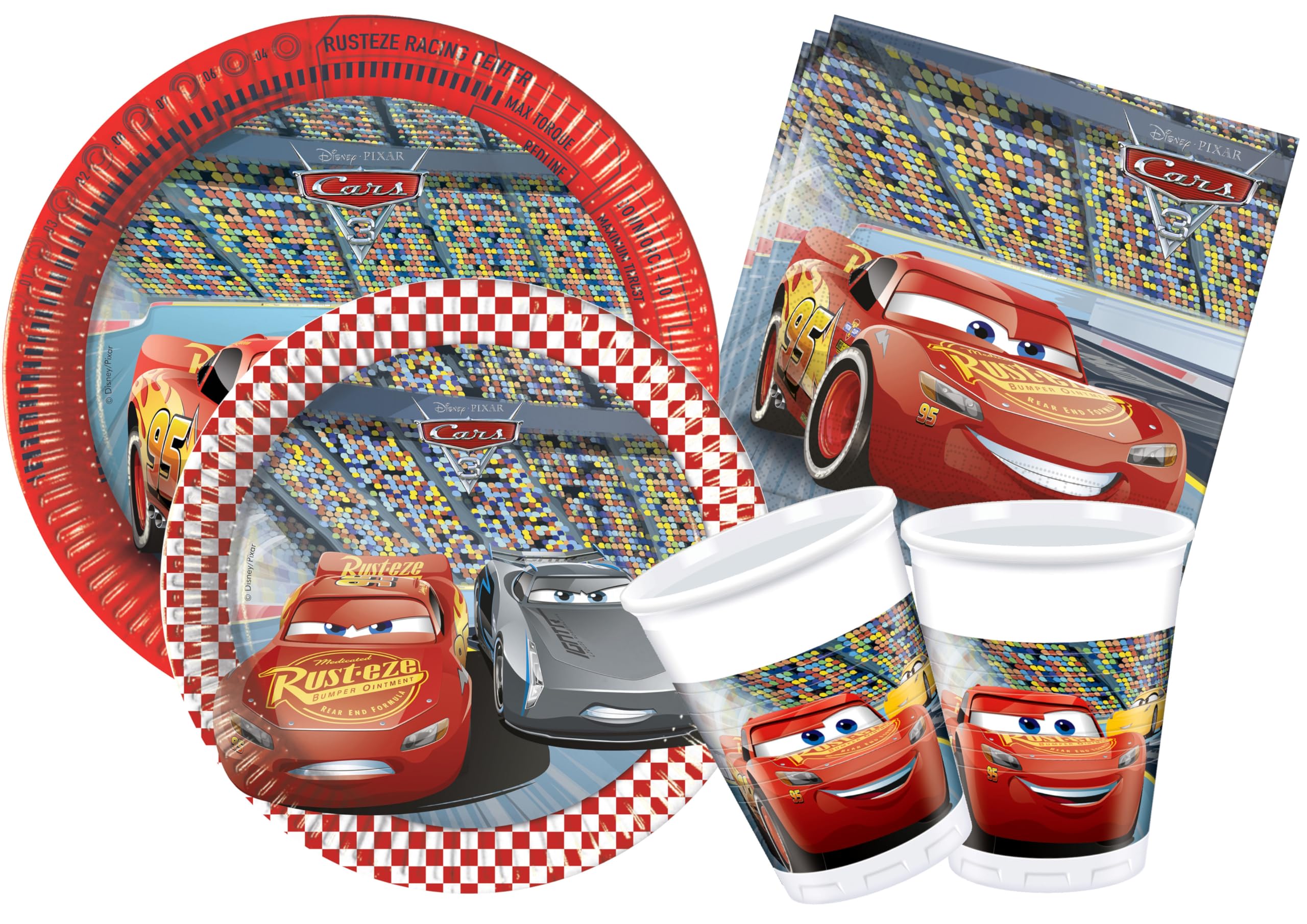Party Tableware Set Disney Cars 3 for 24 people (112 pcs: 24 paper plates Ø23cm, 24 paper plates Ø20cm, 24 cups 200ml, 40 paper napkins 33x33cm)