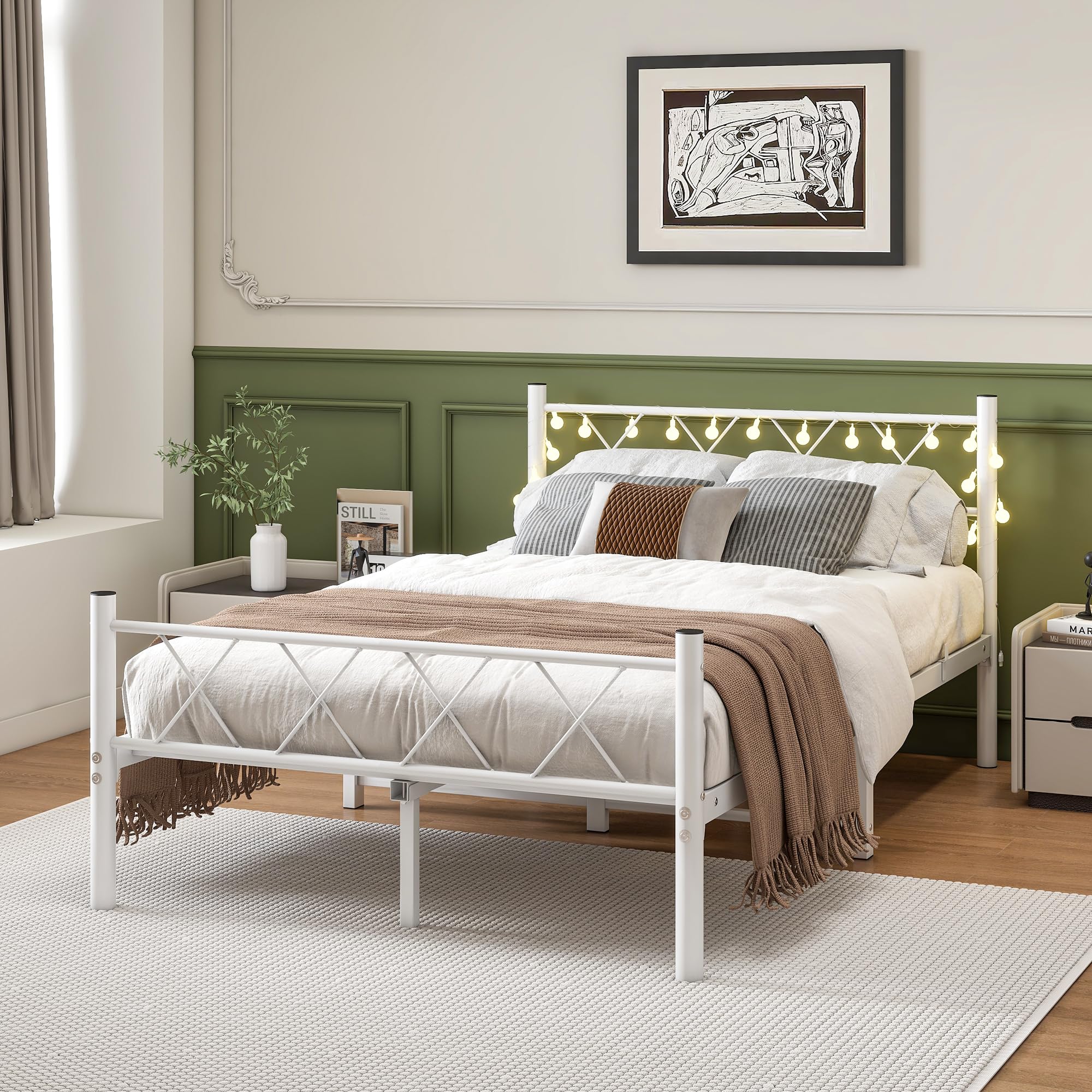 HOJINLINERO Bettgestell 120x200 mit Beleuchtung,Bett 120x200 mit Lattenrost,Bettrahmen Metall,Metallbett Doppelbett Gästebett Jugendbett mit Stauraum unter dem Bett für Schlafzimmer,Weiß