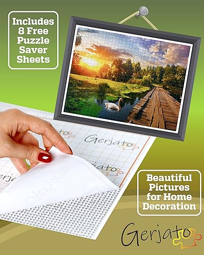 Miniatura 5 de Rompecabezas de 1000 piezas para adultos, lago Golden Hour con puente de madera y cisnes, caja lista para regalo, letras en la parte posterior, 8