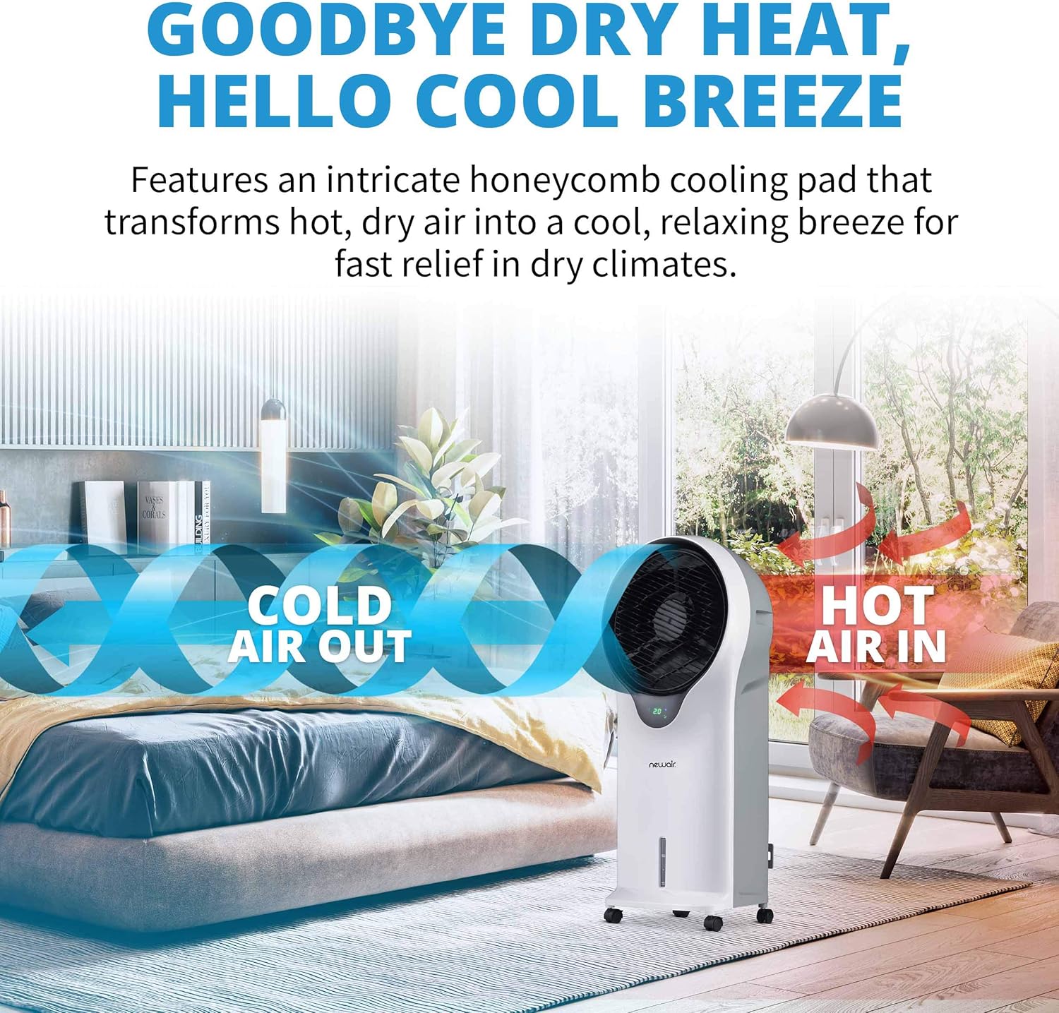Newair Evaporative Air Cooler | AC Portable Air Conditioner Alternative with 470 CFM Airflow | Room Cooling Fan for Bedroom, Garage & Indoor Use | White