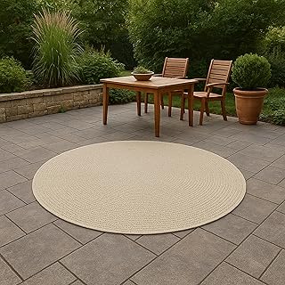 CARPETIA Teppich In- und Teppich Outdoorteppich klein runder Balkon Terrasse Wintergarten wetterfest Jute Look rundes Linienmuster Creme, 80 cm Rund