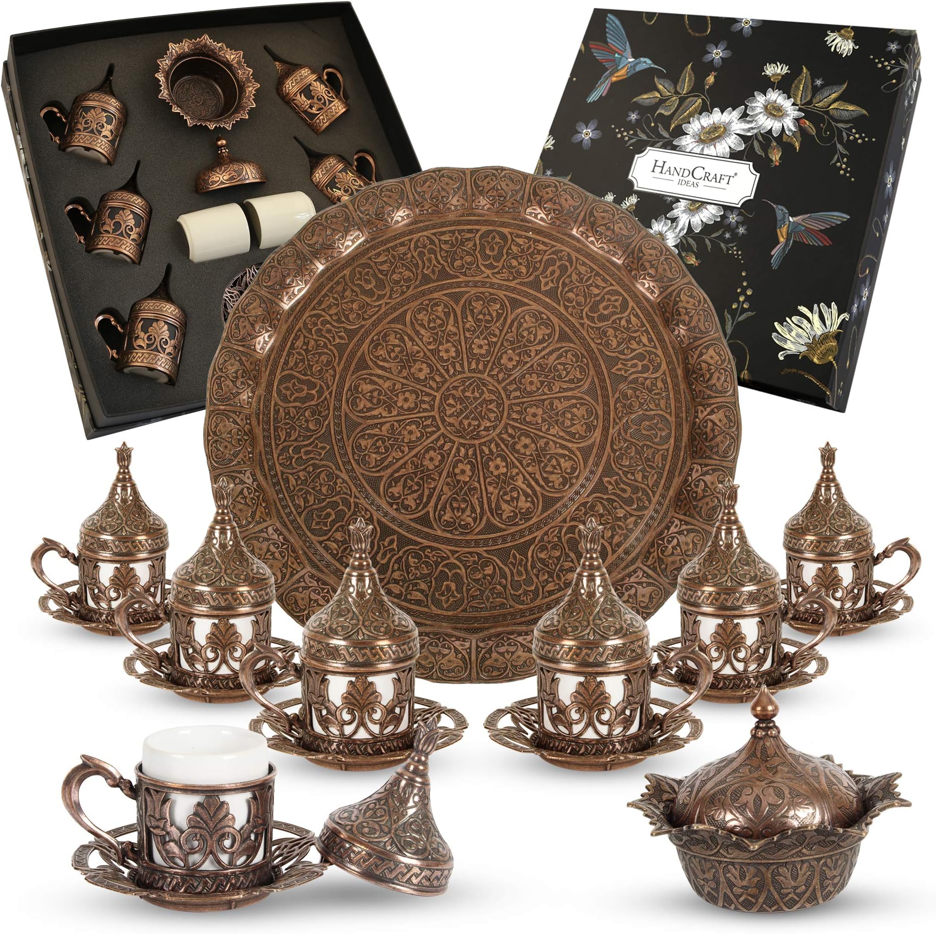 HANDCRAFT IDEAS-Traditional Design Cast Zamak Turkish Coffee Set, Coffee Cups, Espresso Set for Six - Durable - Unique Gift - [Bronze] - (CS6-206)