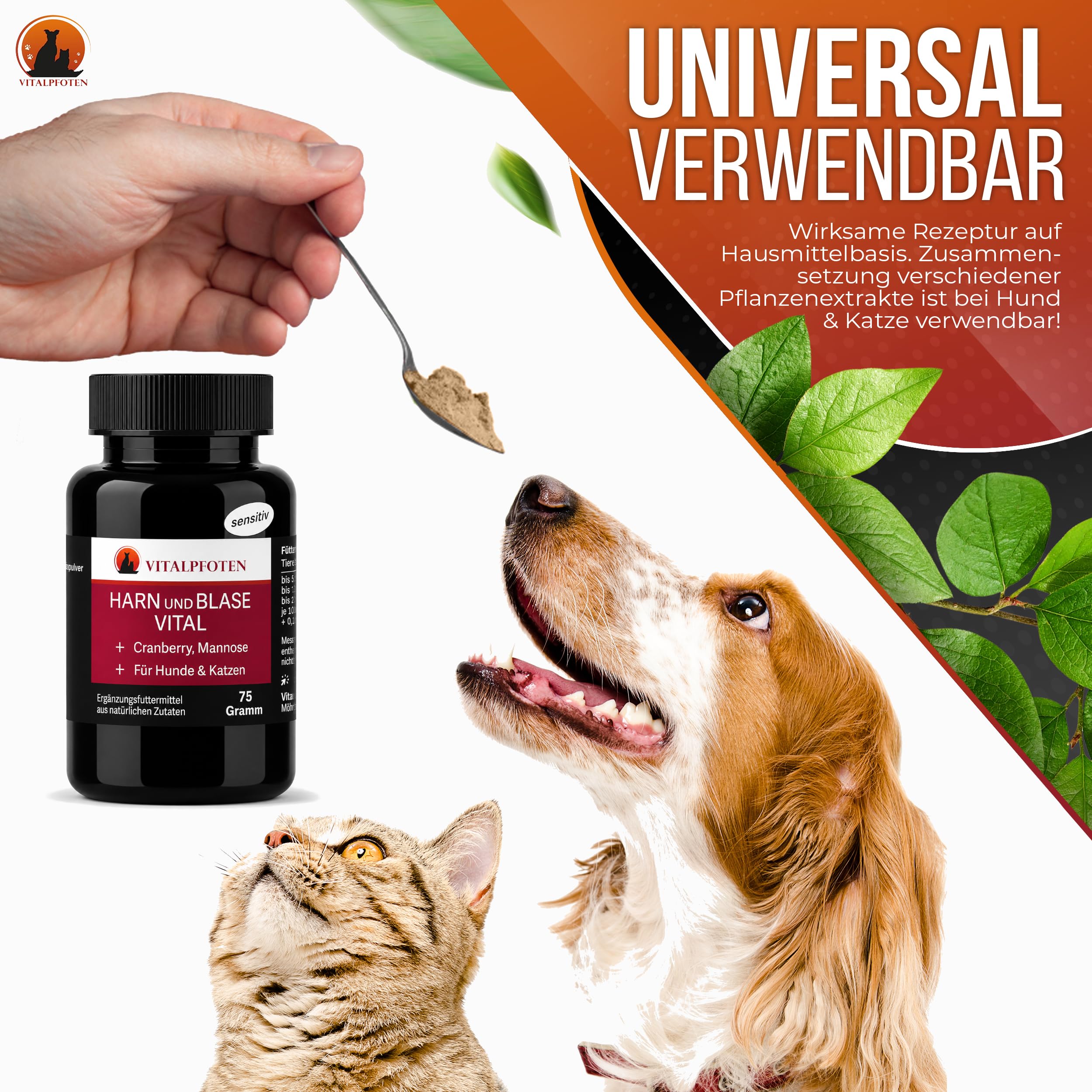 75 Gramm Harn und Blase Vital sensitiv Pulver für Hunde & Katzen mit Cranberry, Mannose und Kürbiskern, pflanzliche Hausmittel - Rezeptur bei Blasenentzündungen und Inkontinenz