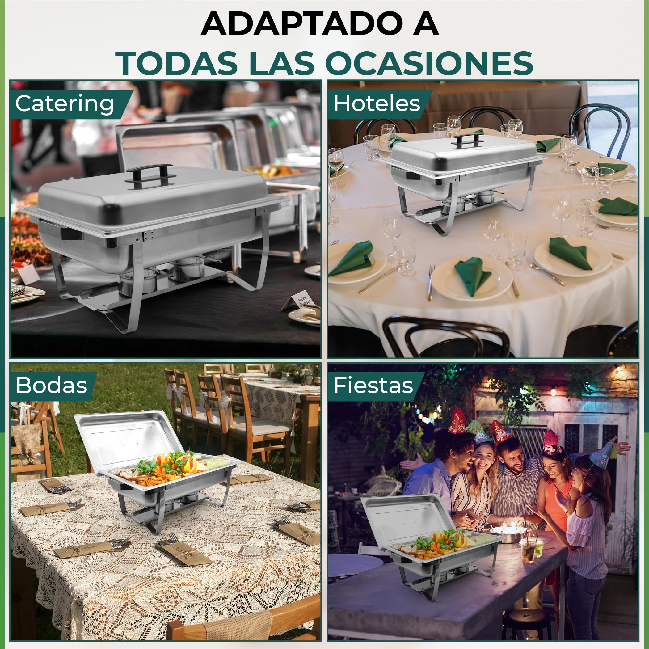 Pack de 4 Calentadores de Platos LEUTHERIA - Chafing Dish Profesional/Acero Inoxidable alimentario para Buffet/baño maría Profesional/Mantenimiento en Caliente/Catering/Hotel/Restaurante