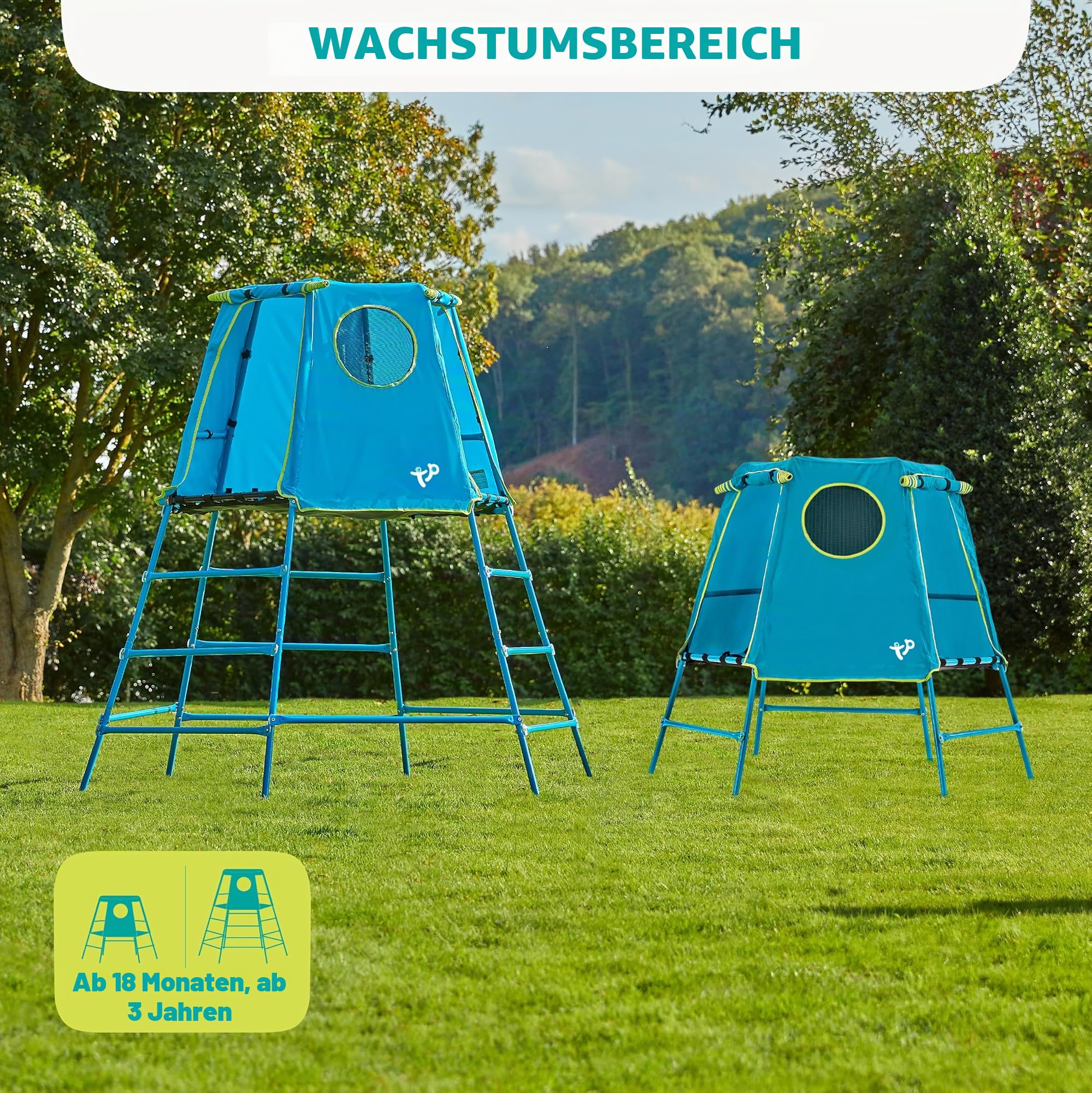 TP Toys Explorer Metall-Klettergerüst mit Plattform und Höhle, TP852, 18 Monate, niedrige 12 Jahre, volle Höhe, Blau, Outdoor-und Gartenspielzeug für Kinder, Climbing Frame