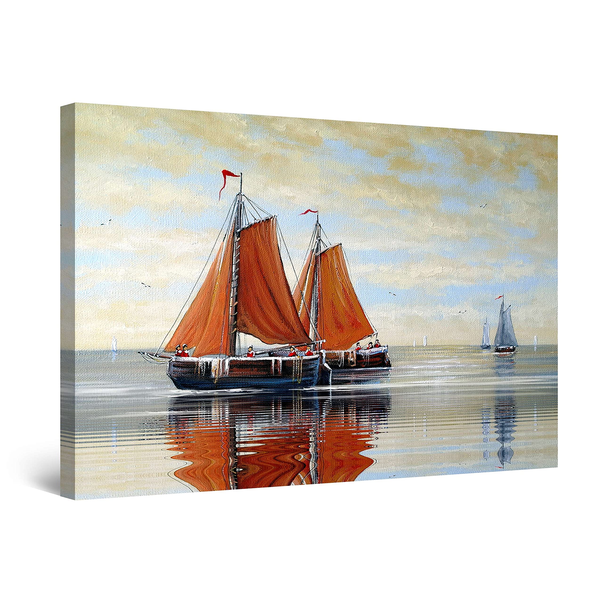 Startonight Canvas Wall Art Abstract - Orange Sailboats on the Mirror Sea Picture Painting Stretched Print, Modern Artwork for Living Room, Office Large 80 cm x 120 cm