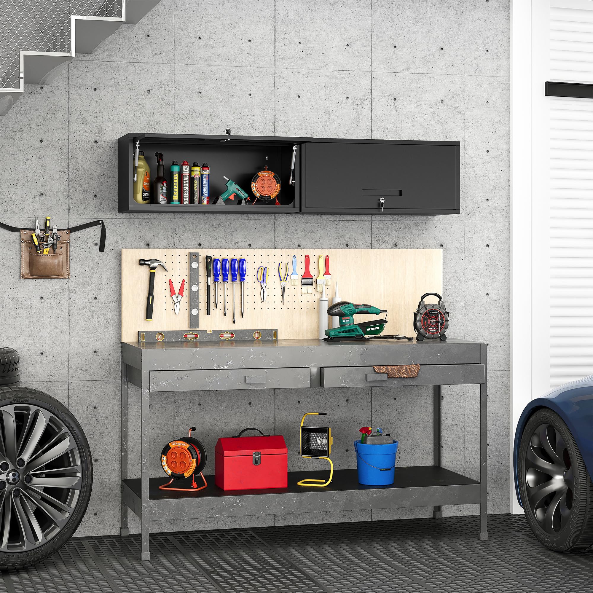 Sightlife Werkstattschrank Hängeschrank Werkzeug-Wandschrank Werkzeugschrank Metall Lochwand Werkzeugwand Stahlschrank Werkstatteinrichtung Wandregal abschließbar 35 x 80 x 33 cm(H x B x T)