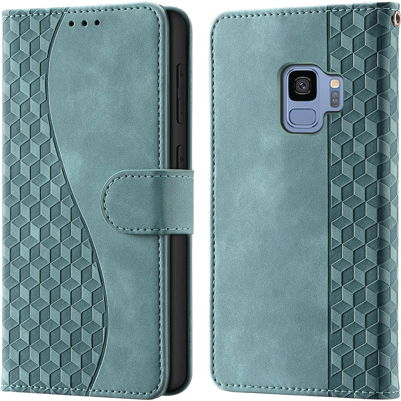 – For Samsung Galaxy S9 Wallet Case with Card Holder, RFID Blocking Credit Slots Kickstand Shockproof Phone Cover Fit For Samsung S9 Phone Case Fog green