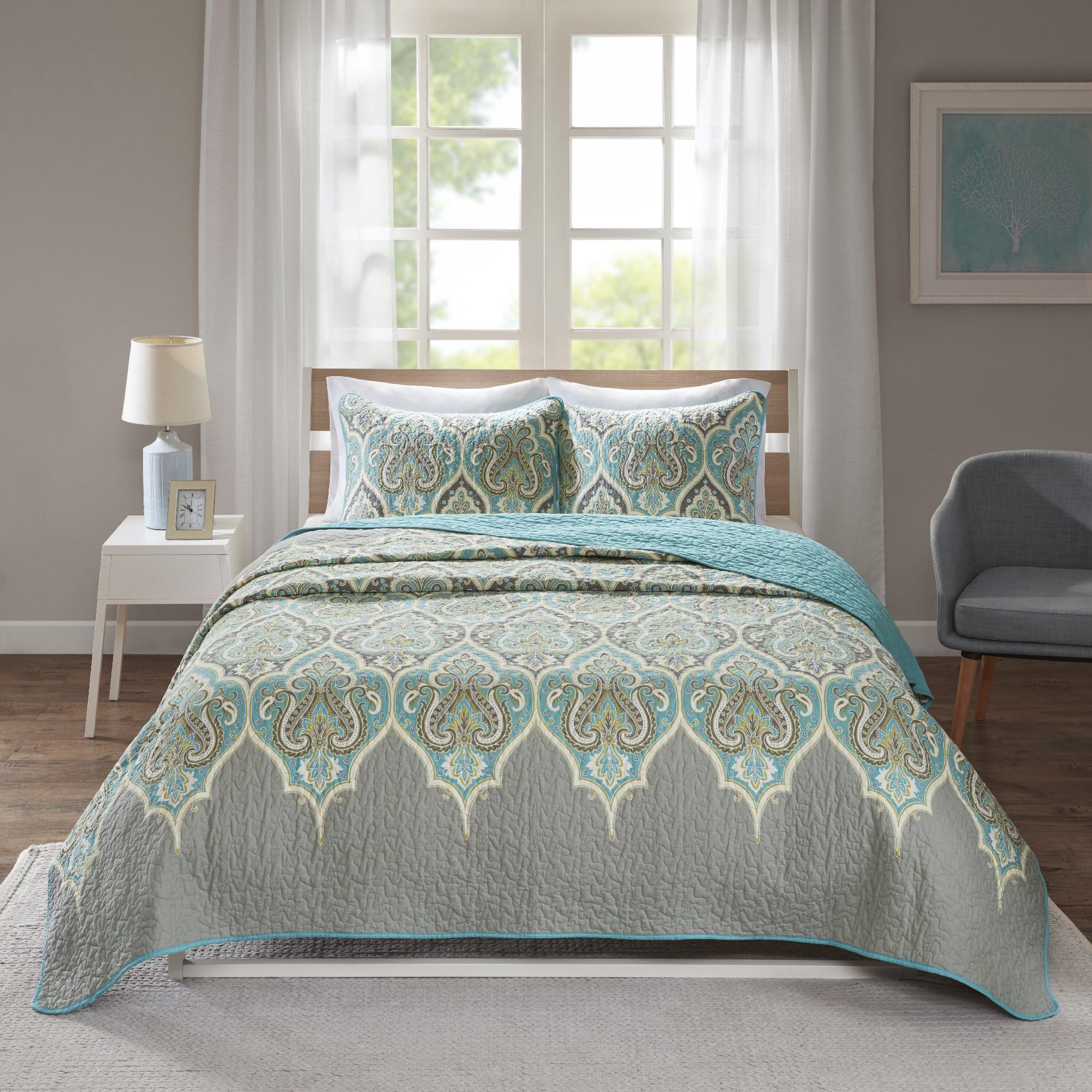 Comfort Spaces Quilt Set-Trendy Paisley Summer Cover, Cozy Coverlet Lightweight All Season Bedding Layer for Winter, Matching Shams, King/Cal King, Mona Paisley Teal