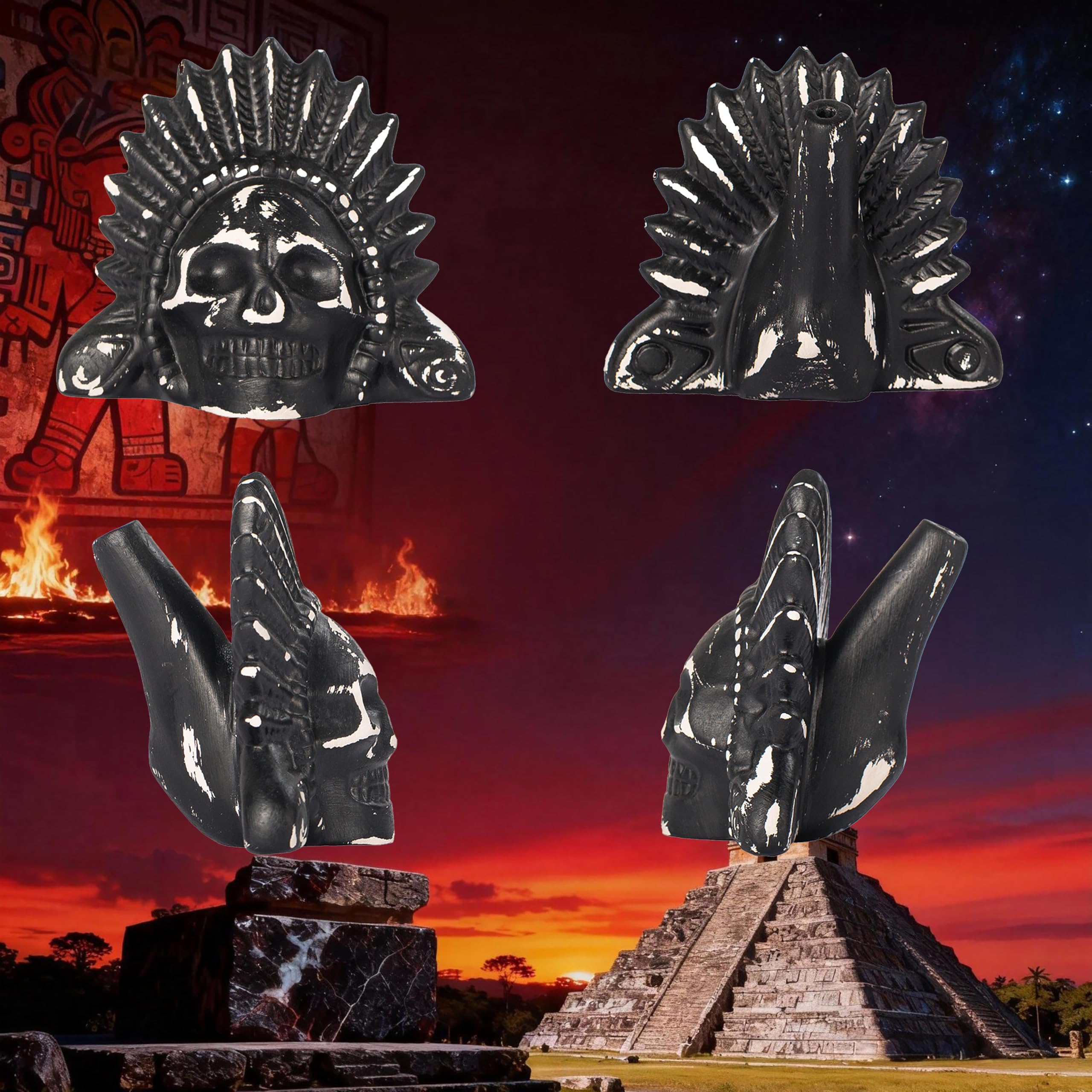 Aztekische Todespfeife – bis zu 125+ Dezibel, lautestes, authentisches menschliches Schreien für Halloween, Tag der Toten, Gag Geschenke – Handgefertigter Totenkopf-Keramikornament (schwarz und weiß)