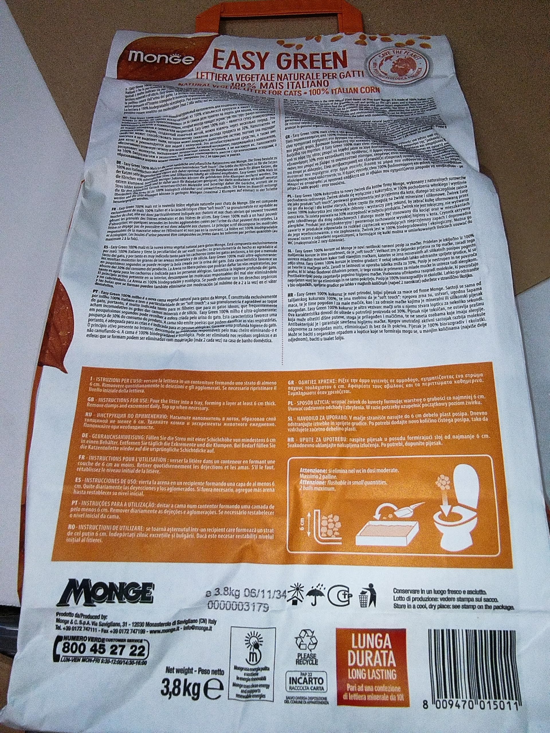 Arenero vegetal Monge Easy Green Mais para gatos y hurones reptiles, cat 10 litros, biodegradable, WC 2/3/6 bolsas