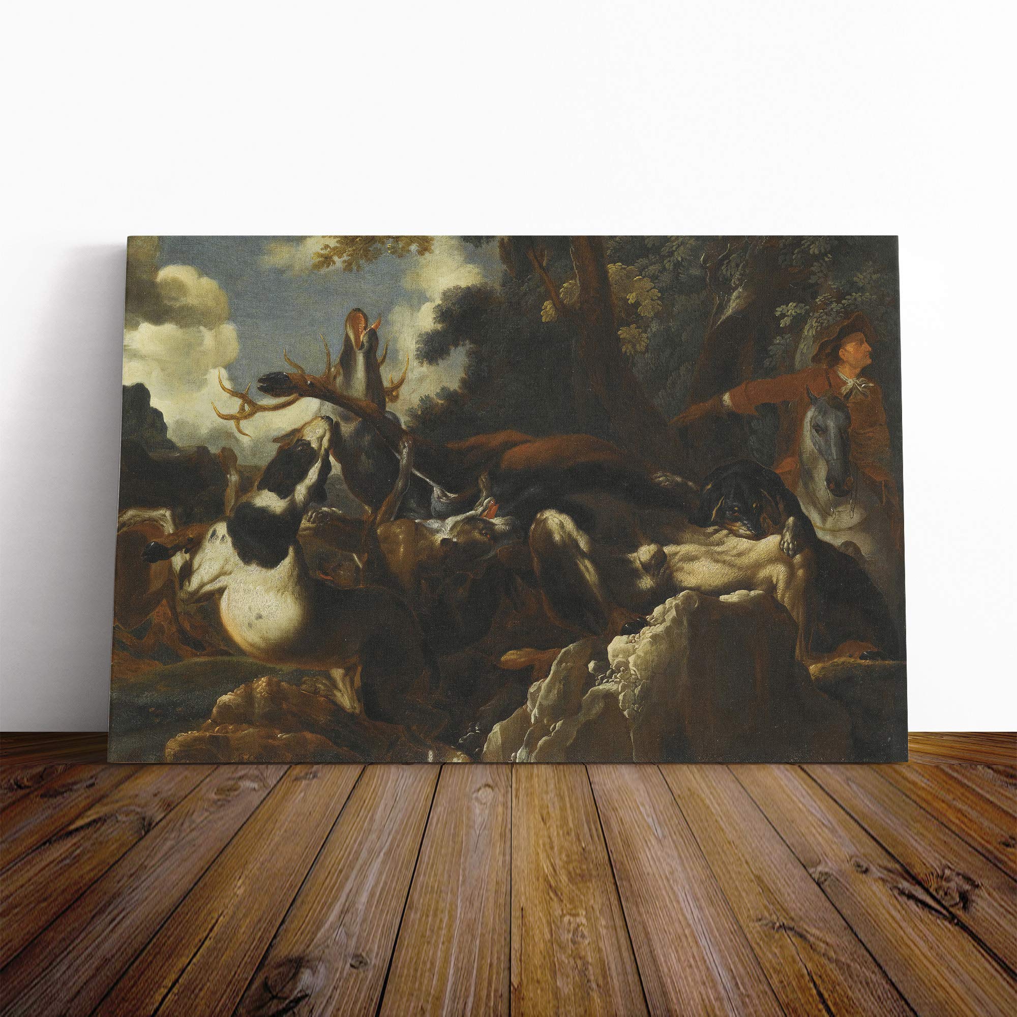 Abraham Hondius A Stag Hunt Canvas Print | Gallery Wrapped 30mm Frame Wall Art | 24x16 inches | Ready to Hang | Modern Animals Picture | Living Room Bedroom Lounge Office