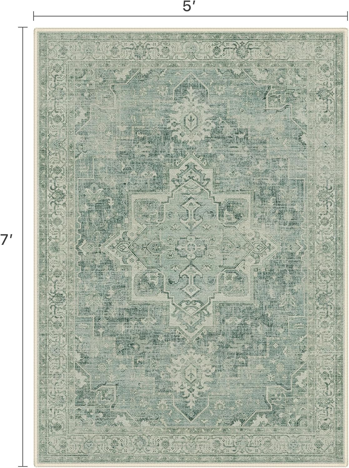 BESBLEE 5x7 Area Rugs for Living Room, Machine Washable Rug, Non Slip Vintage Rugs, Low Pile Lightweight Print Rug for Bedroom, Dining Room, Home Office, Green