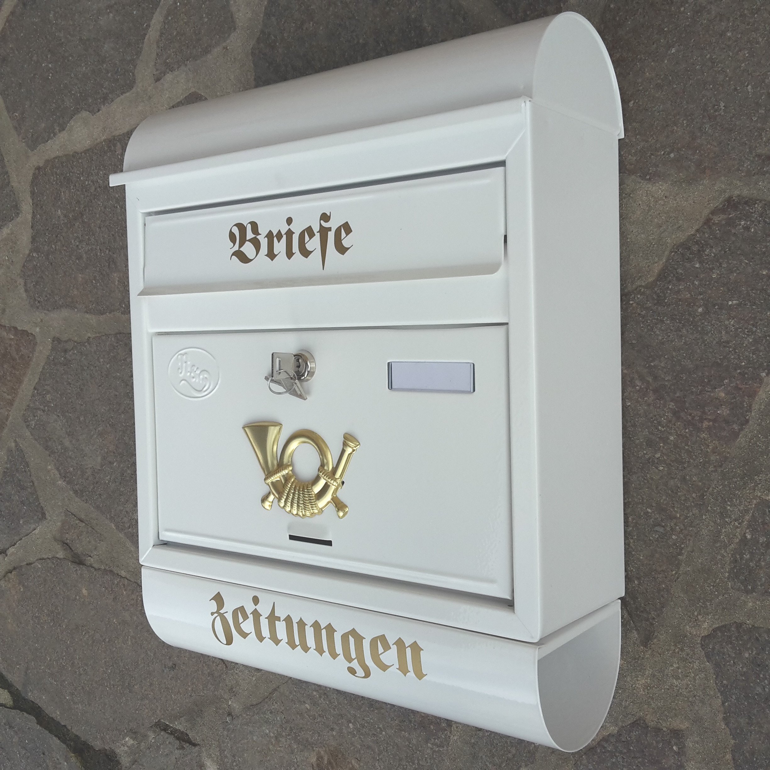 Stabiler Briefkasten, Modell Runddach Premium-Qualität, mit Schutzlackierung Verschiedene Modelle XXL Weiß mit Zeitungsrolle fertig montiert Postkasten Post (Runddach)