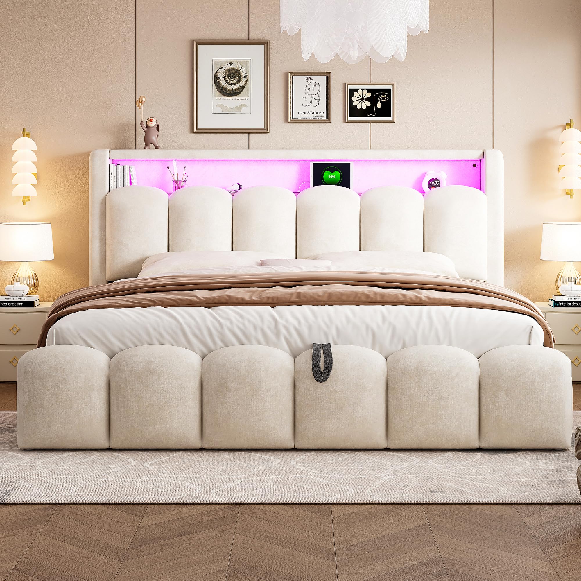 Sapgaks Lit 180x200 avec Sommier LED et USB C, Lit Coffre 180x200 avec Rangement et Tete Réglable, Capitonné Double avec à Lattes, Rembourré 2 Personnes Cadre de Velours(sans Matelas)