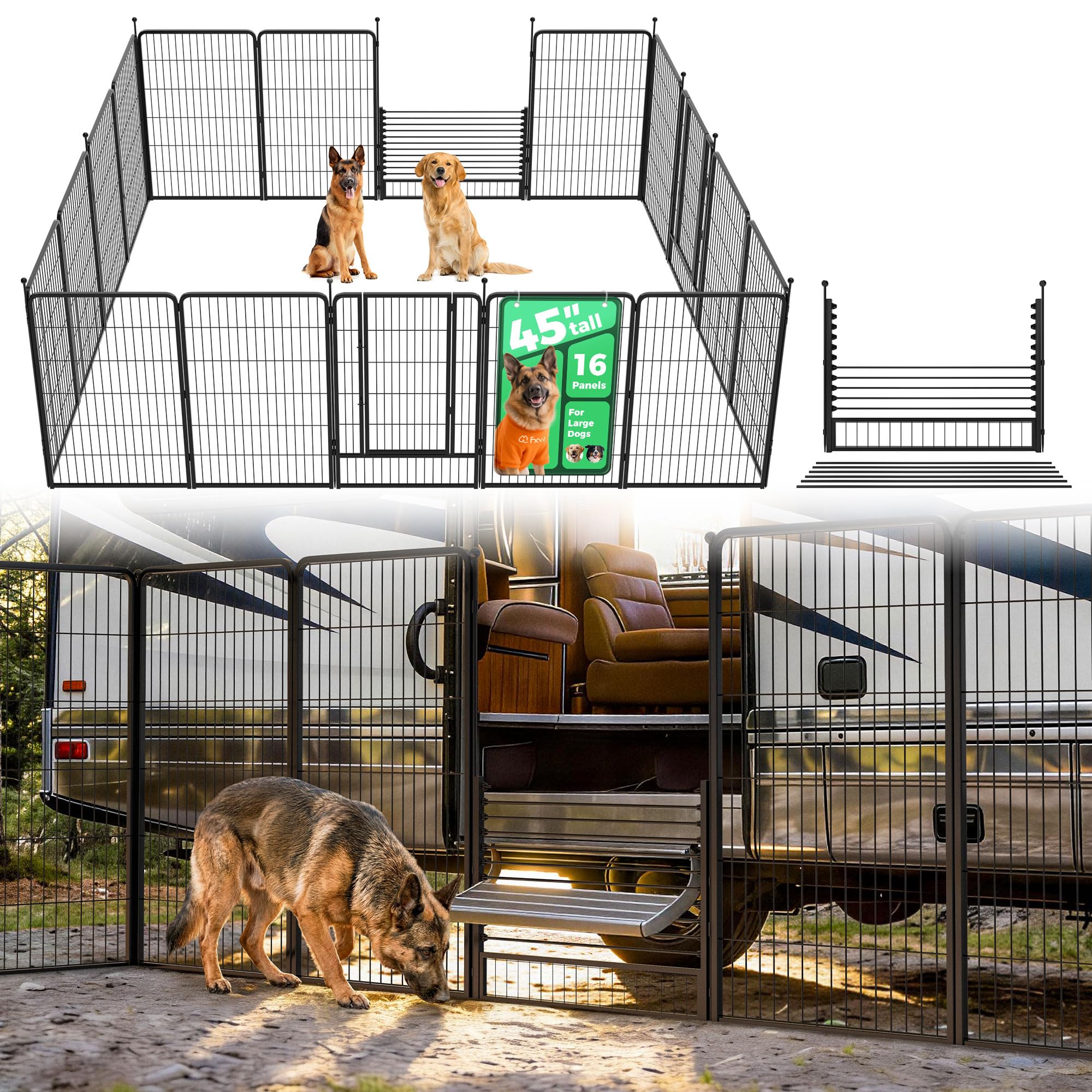 FXW Instant Dog Playpen with RV Step Grid for RV Camping, 45" H, 16 Panels