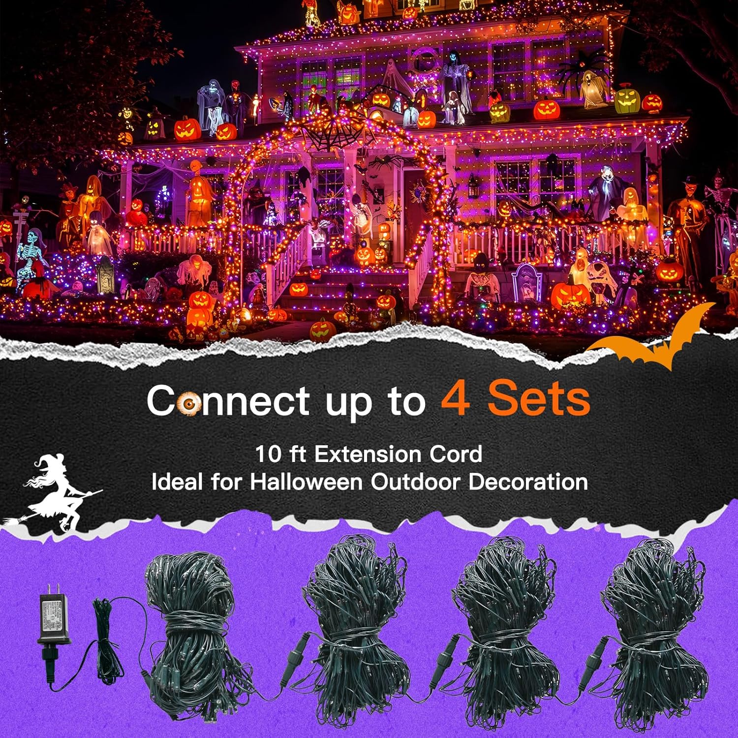 suddus 360 LED Halloween Net Lights, 12ft x 5ft String Lights with Remote, Waterproof Connectable Green Wire for Bushes, Trees, Halloween Decoration, Indoor Outdoor Party Yard Garden, Purple & Orange