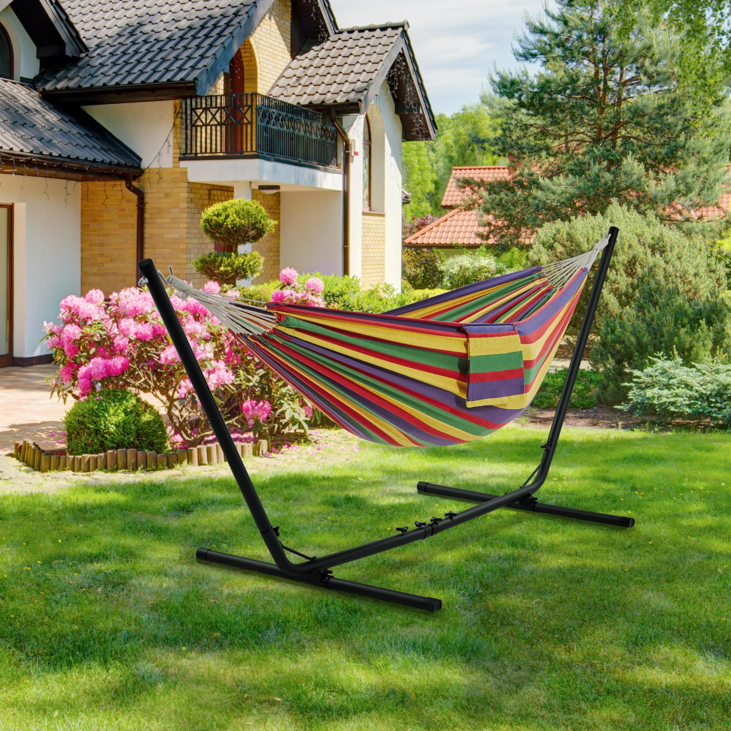 Abician Hamac Double avec Support Hamac sur Pied Longueur Réglable avec Sac de Transport Charge Max. 205 kg pour Jardin Terrasse Plage Salon Rayures Bleu-Vert