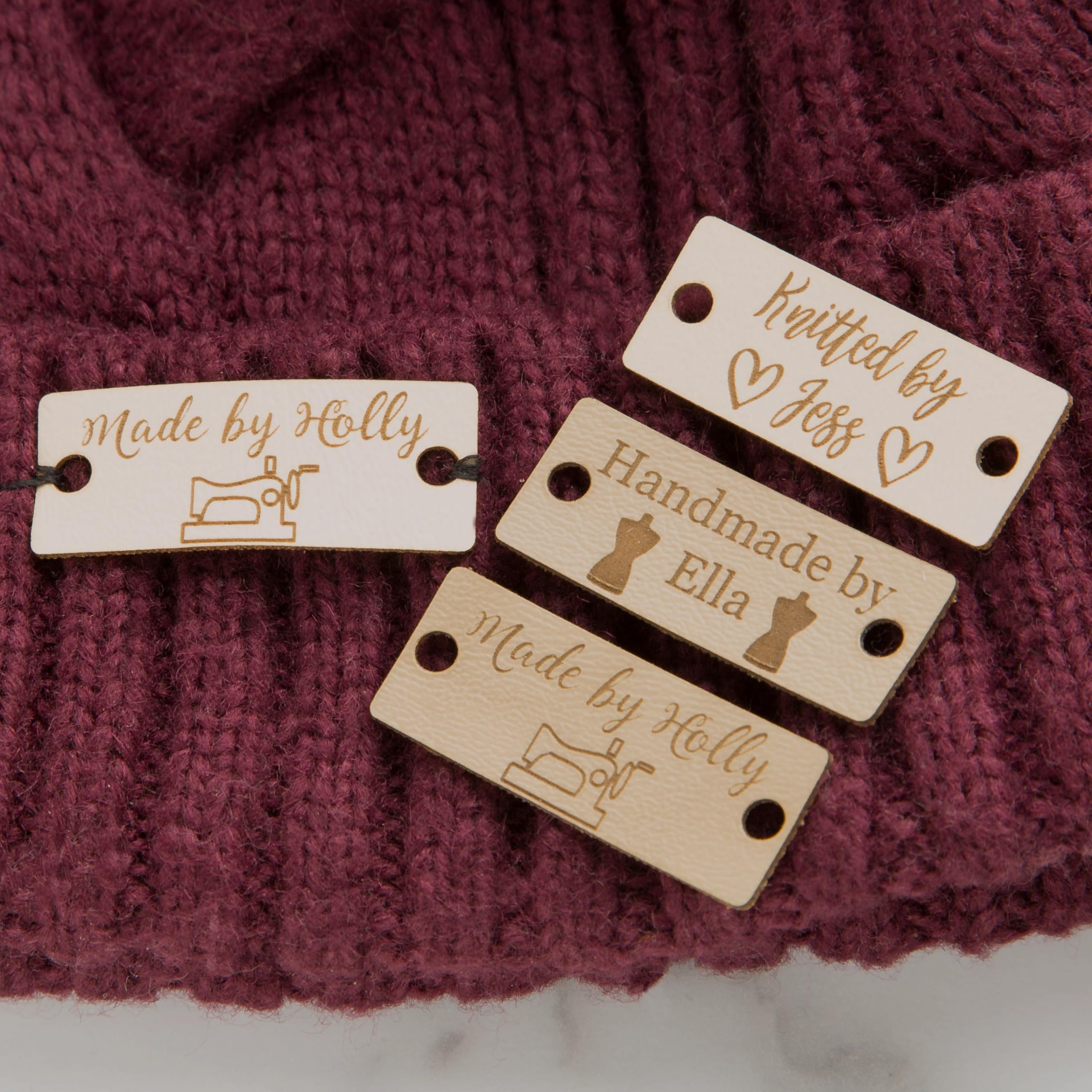 Personalised, Sets of 10, 25, 50, 75, 100 Rectangle Faux Leather, Sew On Label, Handmade by, Knitting, Clothing Crochet Tags
