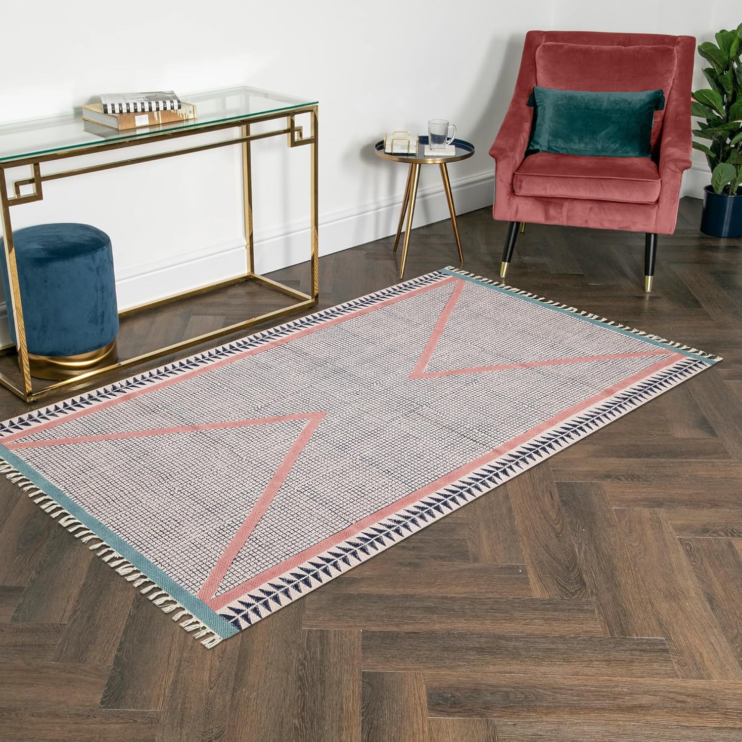 Kilim Area Rugs for 3x5 Feet Flatweave Rug Striped Design Hand Block Printed Cotton Rug Blue Pink Handmade Boho Thick 0.19" Indoor Outdoor Rugs for Bedside Enterway Kitchen | Christmas Room Decor