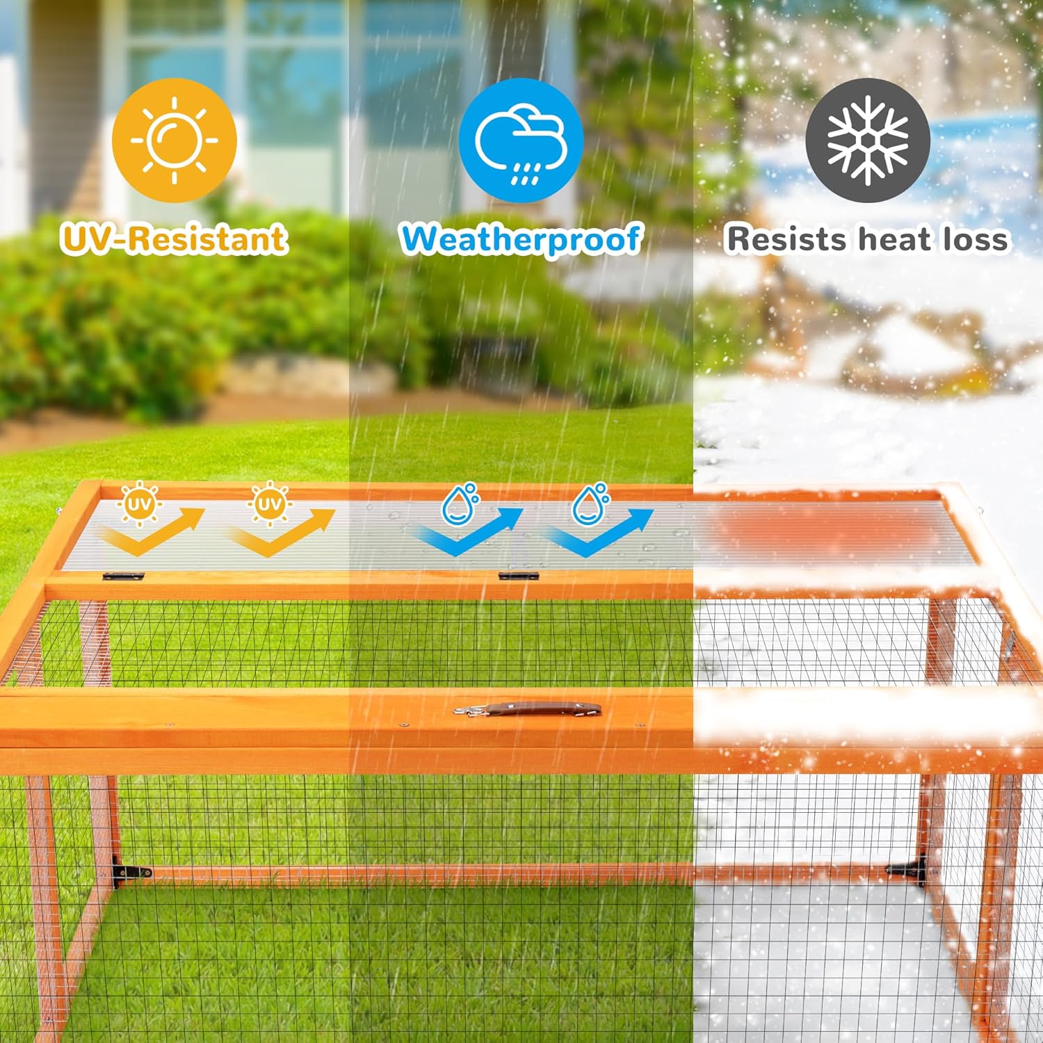 COZIWOW Chicken Coop Pen Portable Wooden Rabbit Hutch - Folding Indoor & Outdoor Chicken Cage Brooder with UV-Proof Panel, Top and Side Openable Doors, Includes 4X Garden Stakes, 43.3 Inch (Orange)