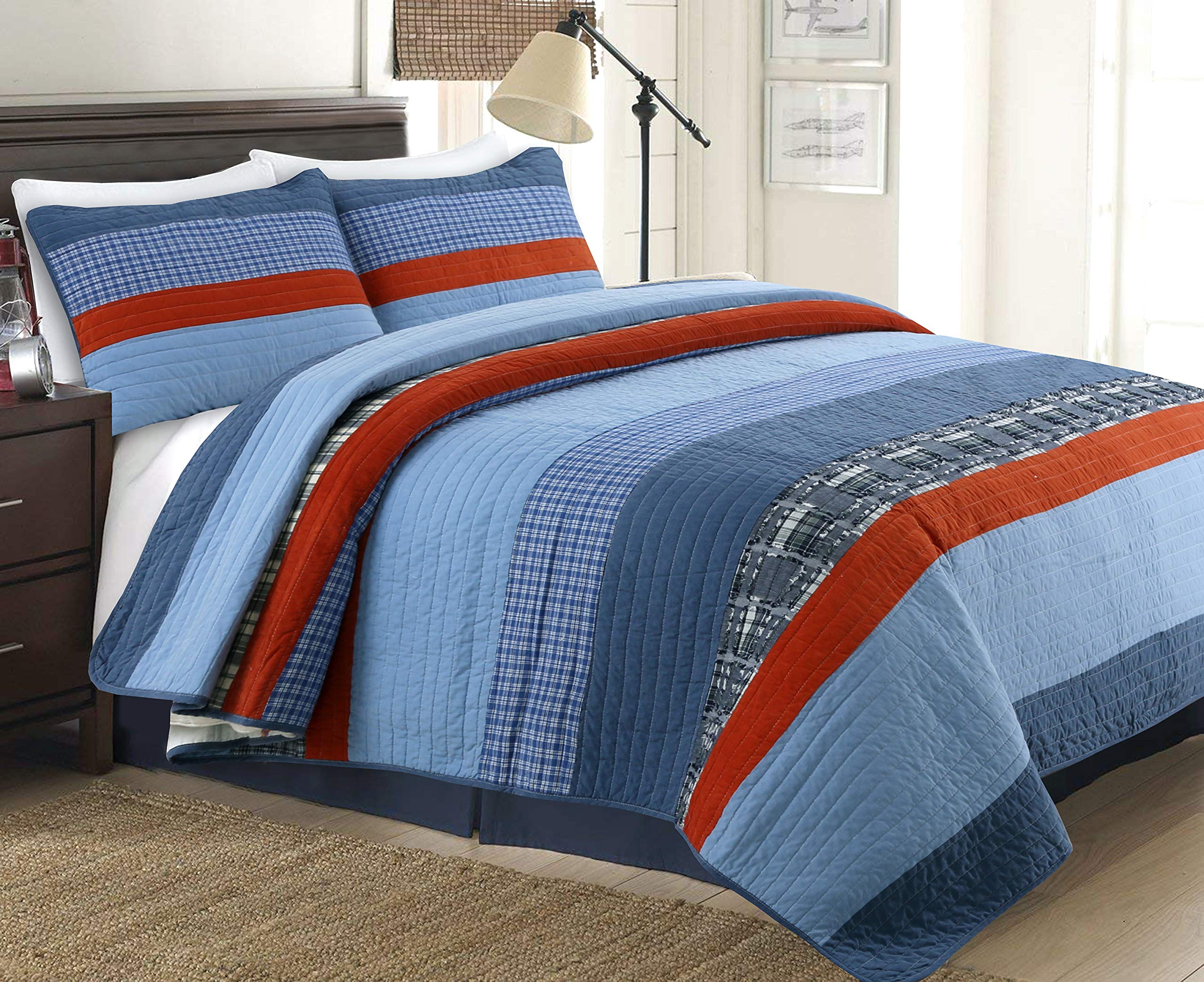 Cozy Line Home Fashions Sophisticated Sailor Nautical Stripped Patriotic 3-Piece Navy Blue Red Tartan Plaid Cotton Reversible Queen Quilt Bedding Set