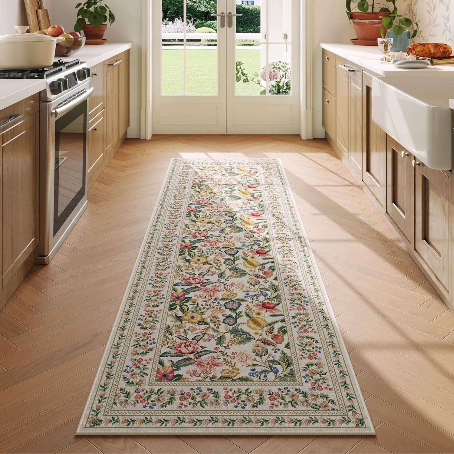 Runner Rug for Kitchen Rug Non Slip 2'6"x8' Washable Rugs with Rubber Backing Soft Vintage Floral Carpet Runner for Kitchen, Laundry, Bedroom, Bathroom, Beige Beige 2'7" x 8' (Rectangular)