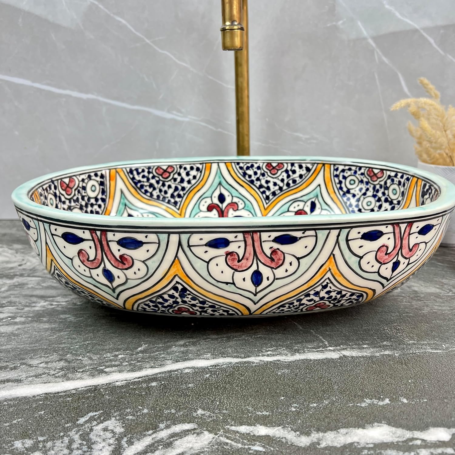 Handmade Moroccan Ceramic Vessel Sink - Multicolor Colorful Oval Basin - Hand-Painted Eclectic Boho Bathroom Vanity Washbowl (43x30cm = 17x12in)