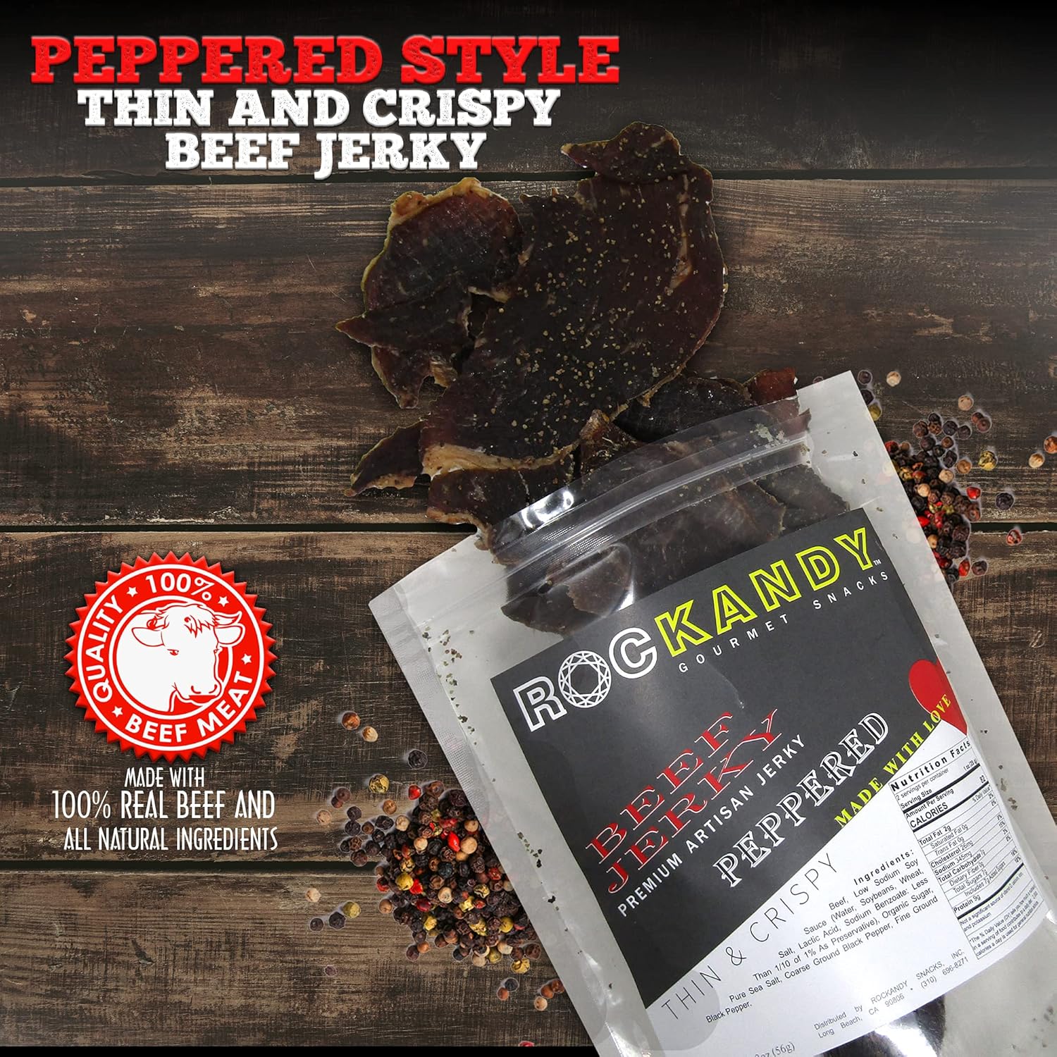 RocKandy Premium PEPPERED BEEF JERKY 9g of Protein Made