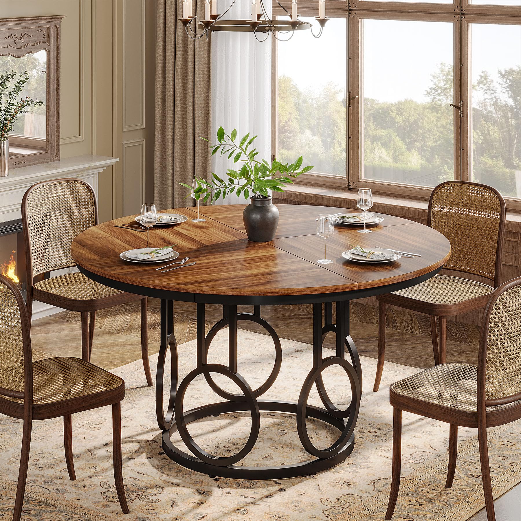 Tribesigns Tavolo da Pranzo Rotondo 119 cm in Legno con Base in Metallo per 4-6 Persone, per Sala, Cucina, Soggiorno